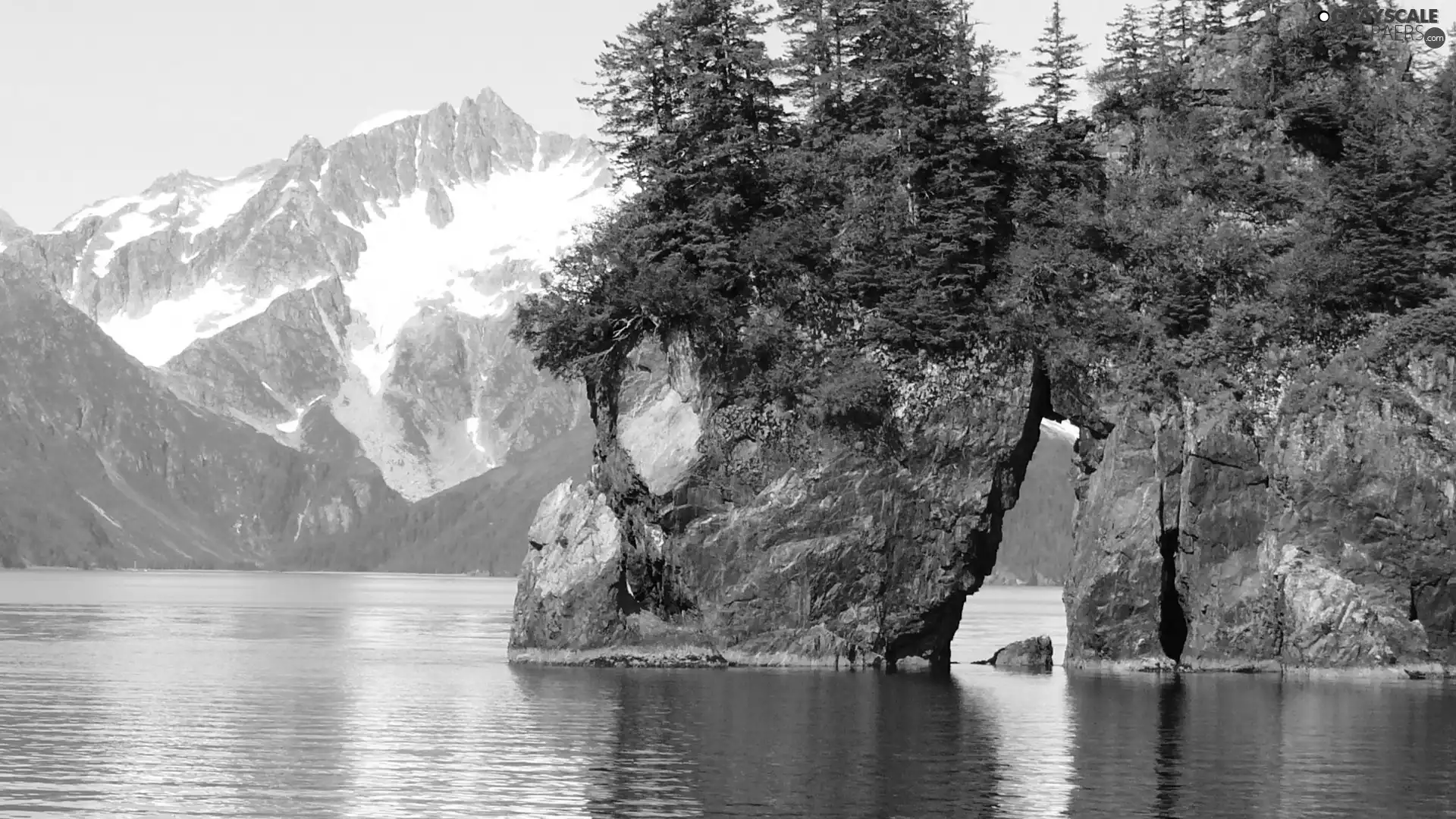 lake, Mountains, viewes, Alaska, trees, rocks
