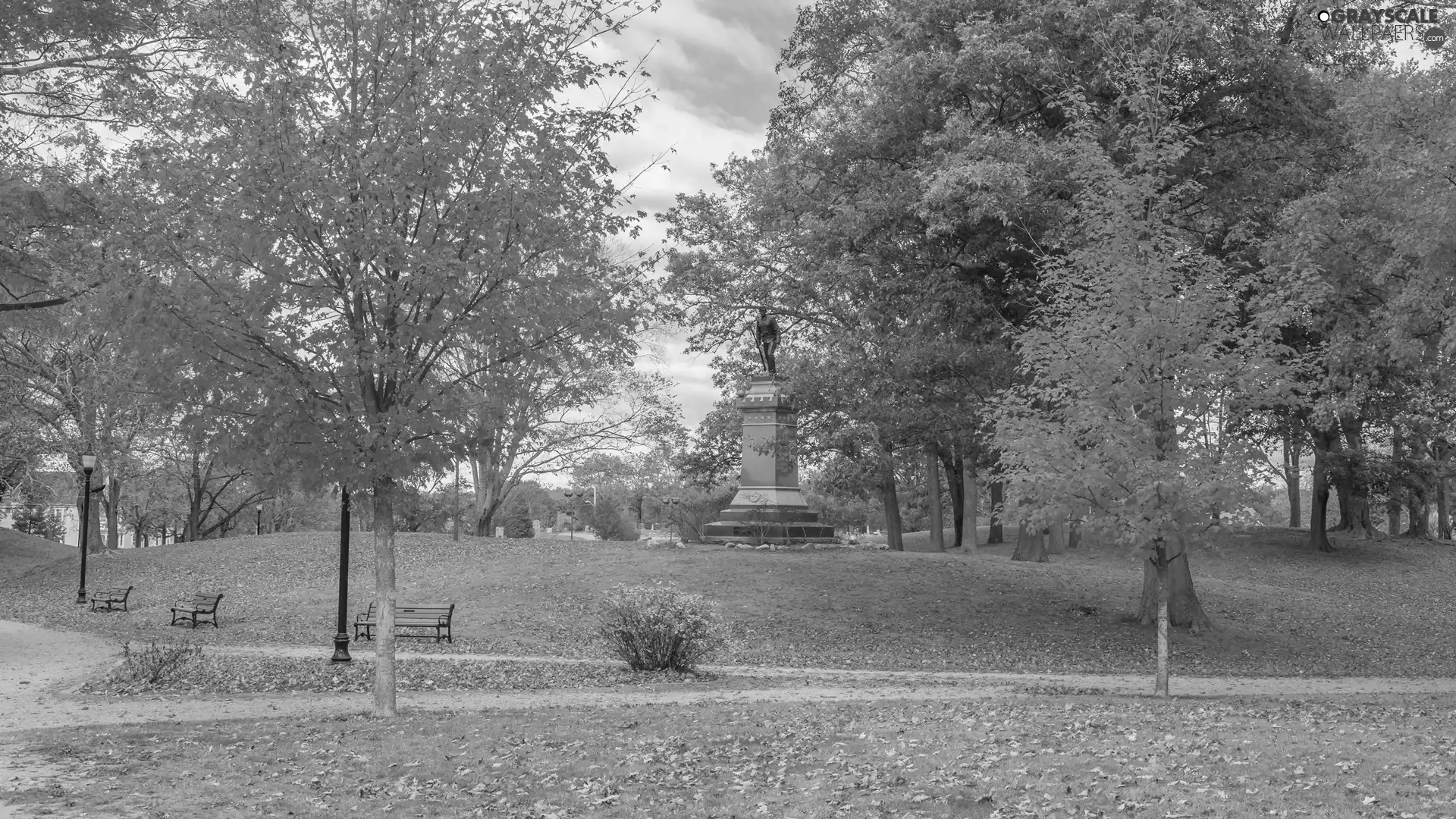 Monument, trees, autumn, viewes, Park, bench, Leaf