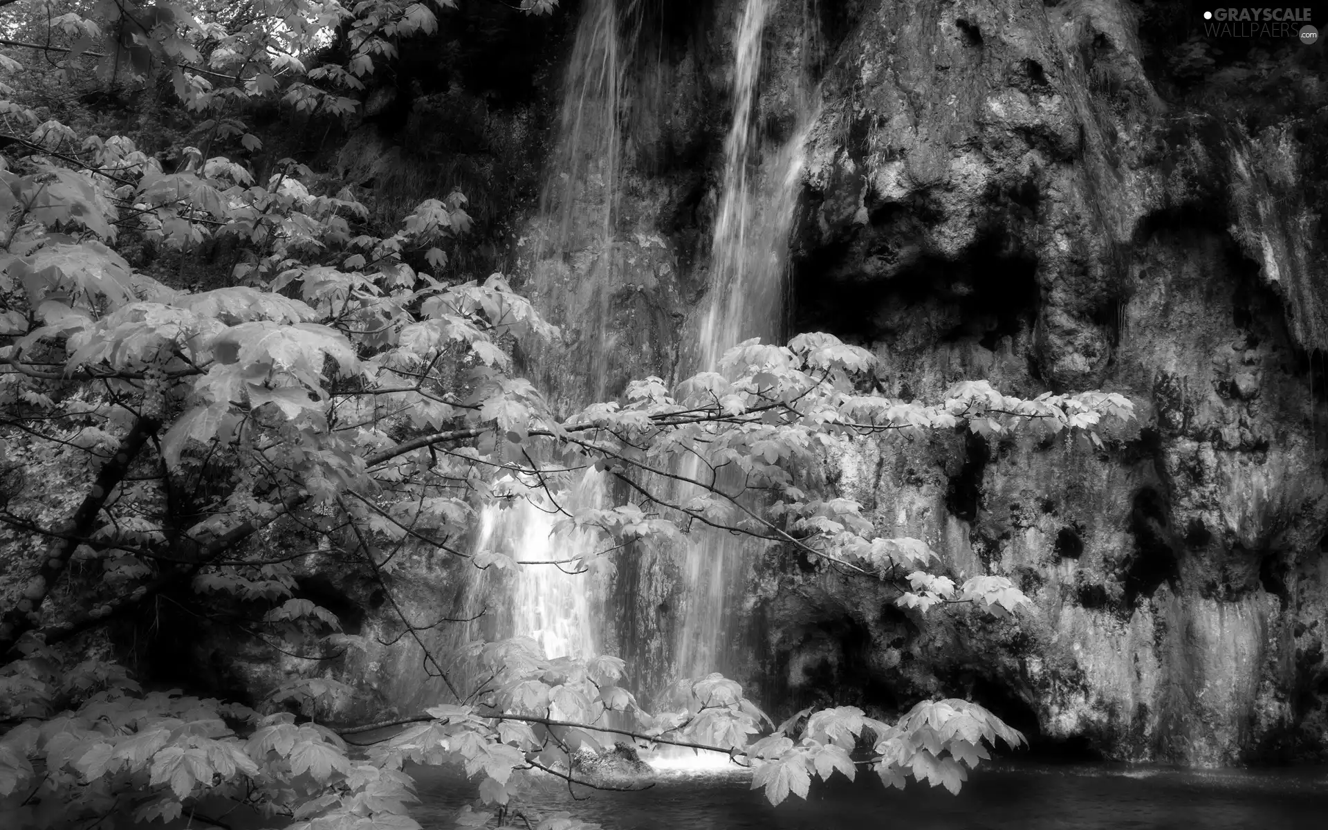 viewes, autumn, rocks, trees, waterfall