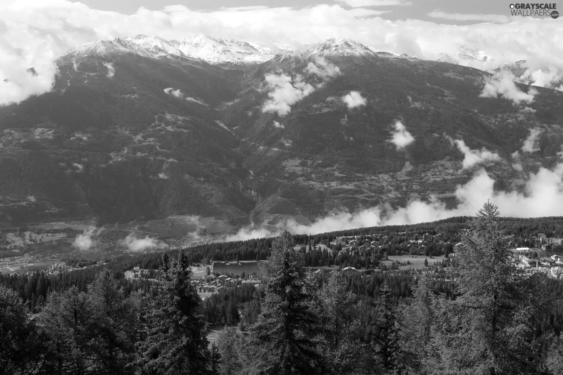 viewes, buildings, Mountains, trees, Fog