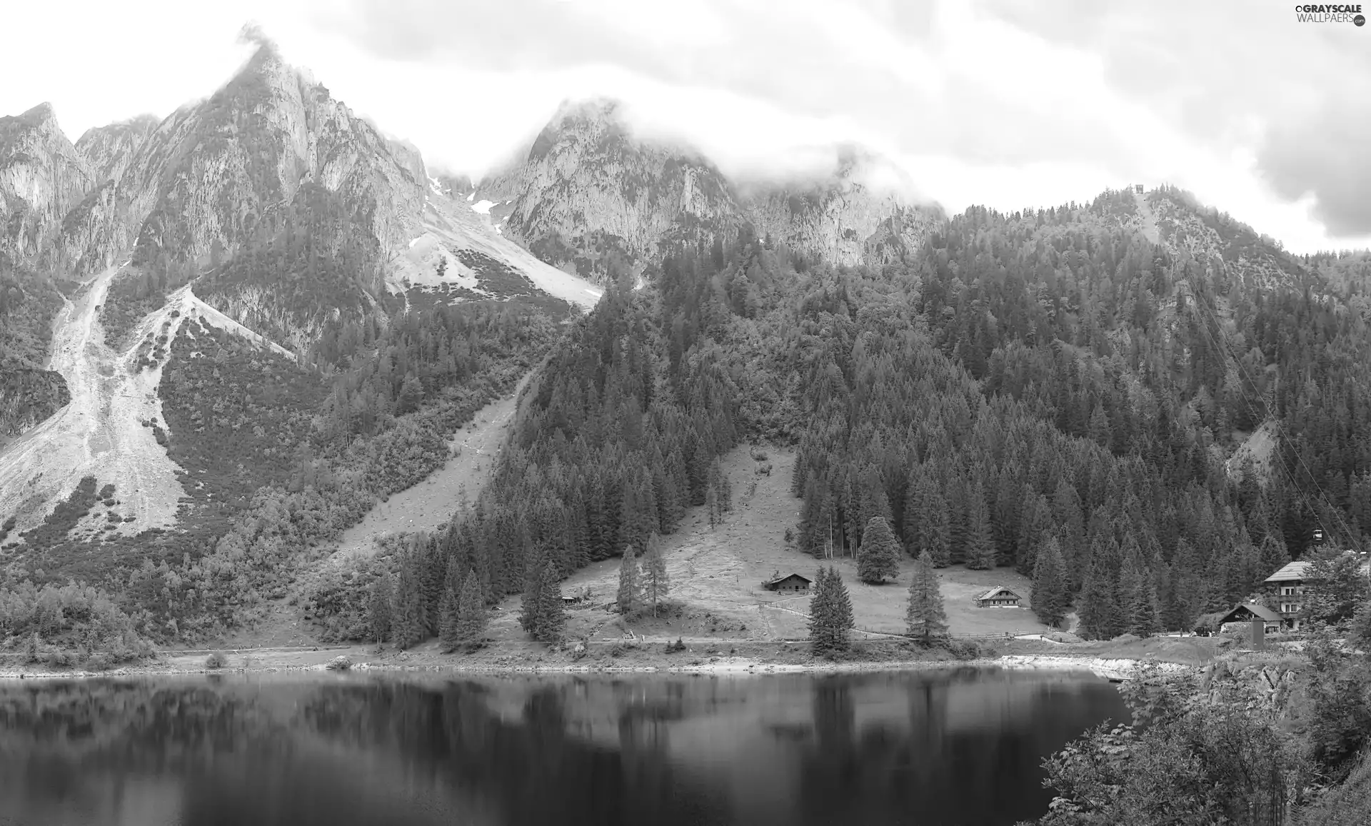 viewes, buildings, lake, trees, Mountains