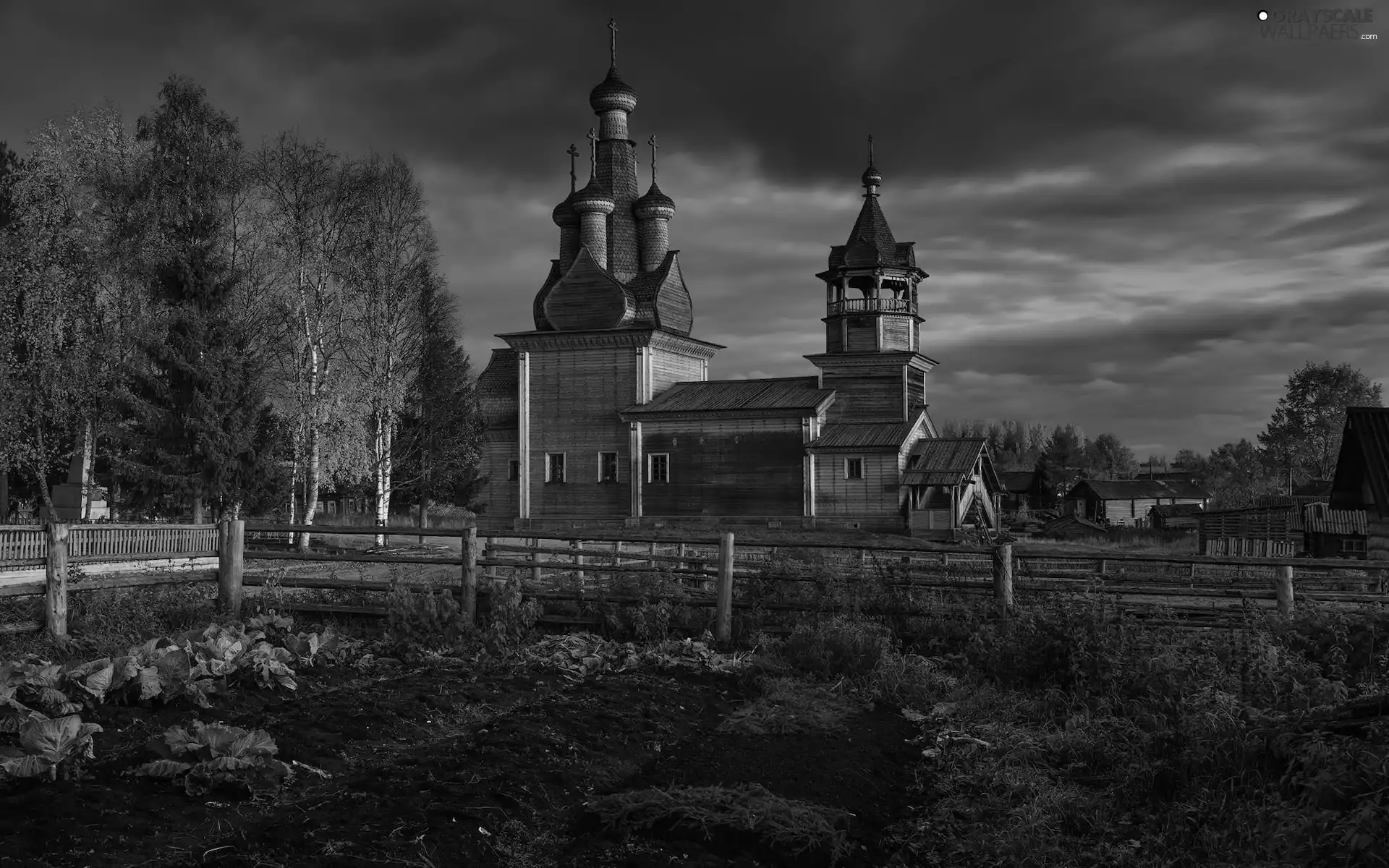 fence, autumn, trees, viewes, clouds, Cerkiew