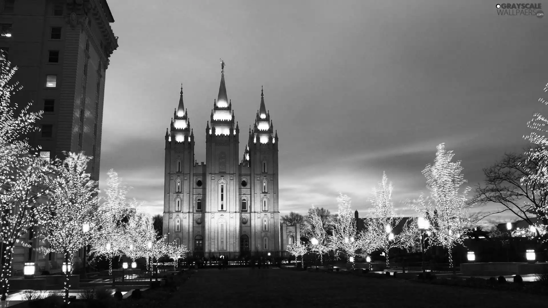 Church, trees, viewes, illuminated