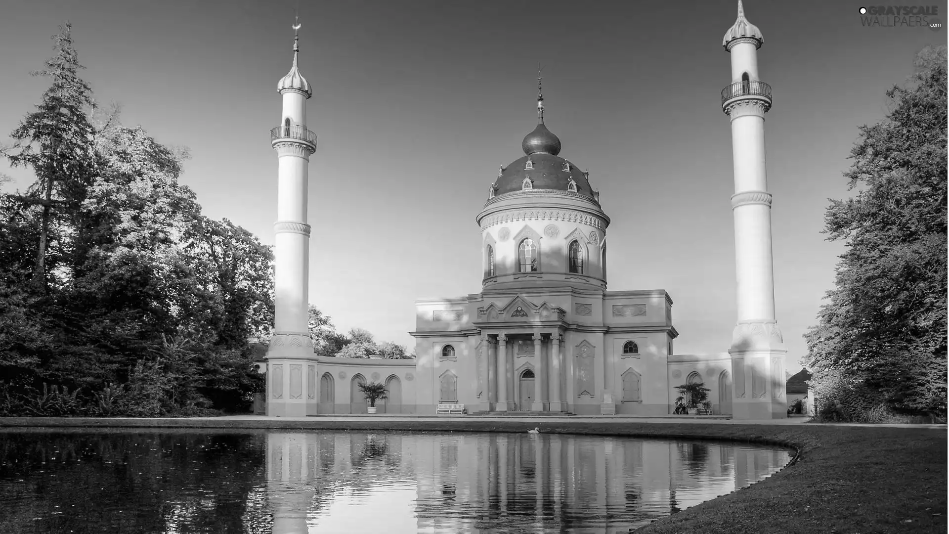 mosque, trees, viewes, lake