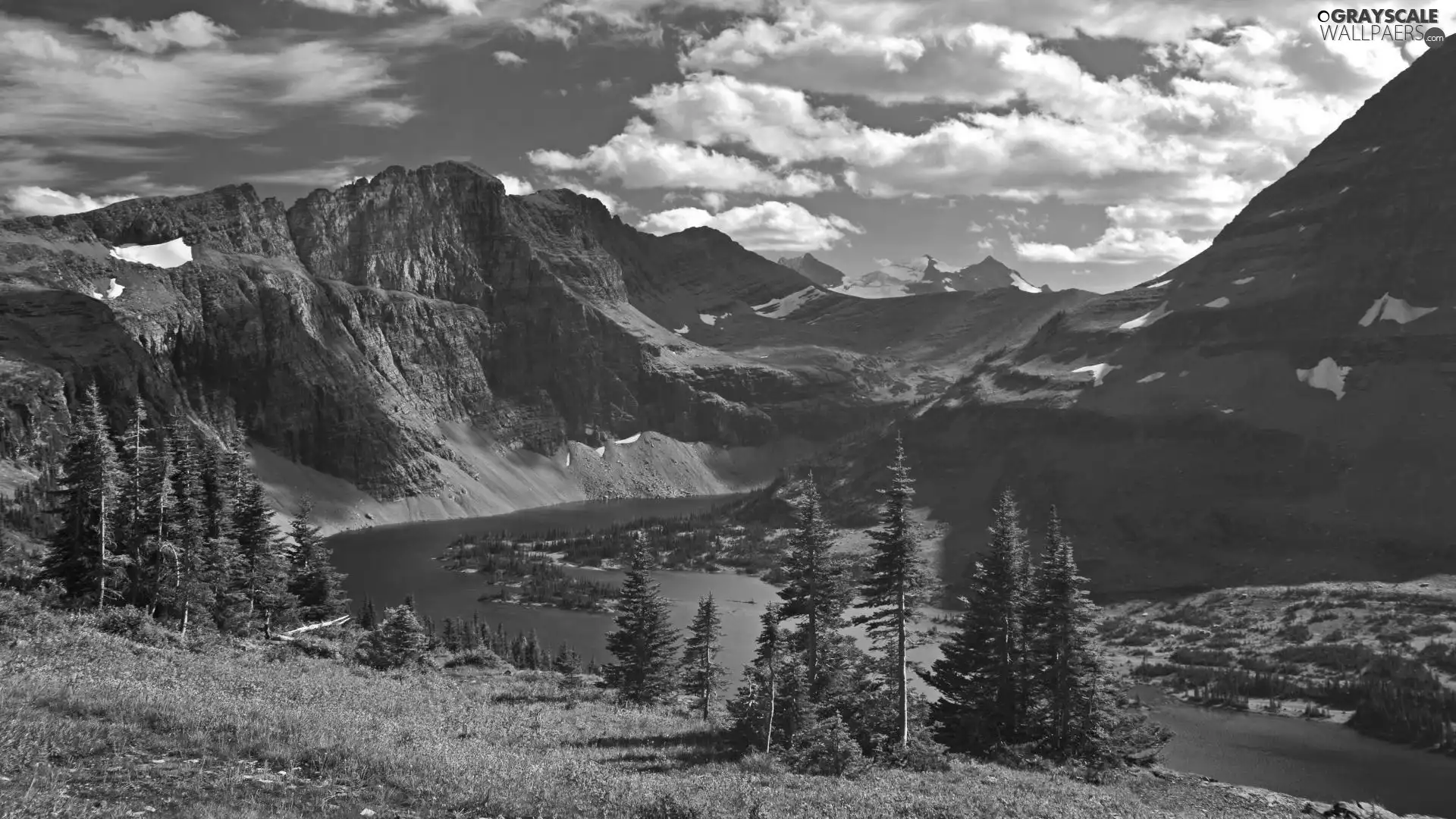 viewes, clouds, lake, trees, Mountains