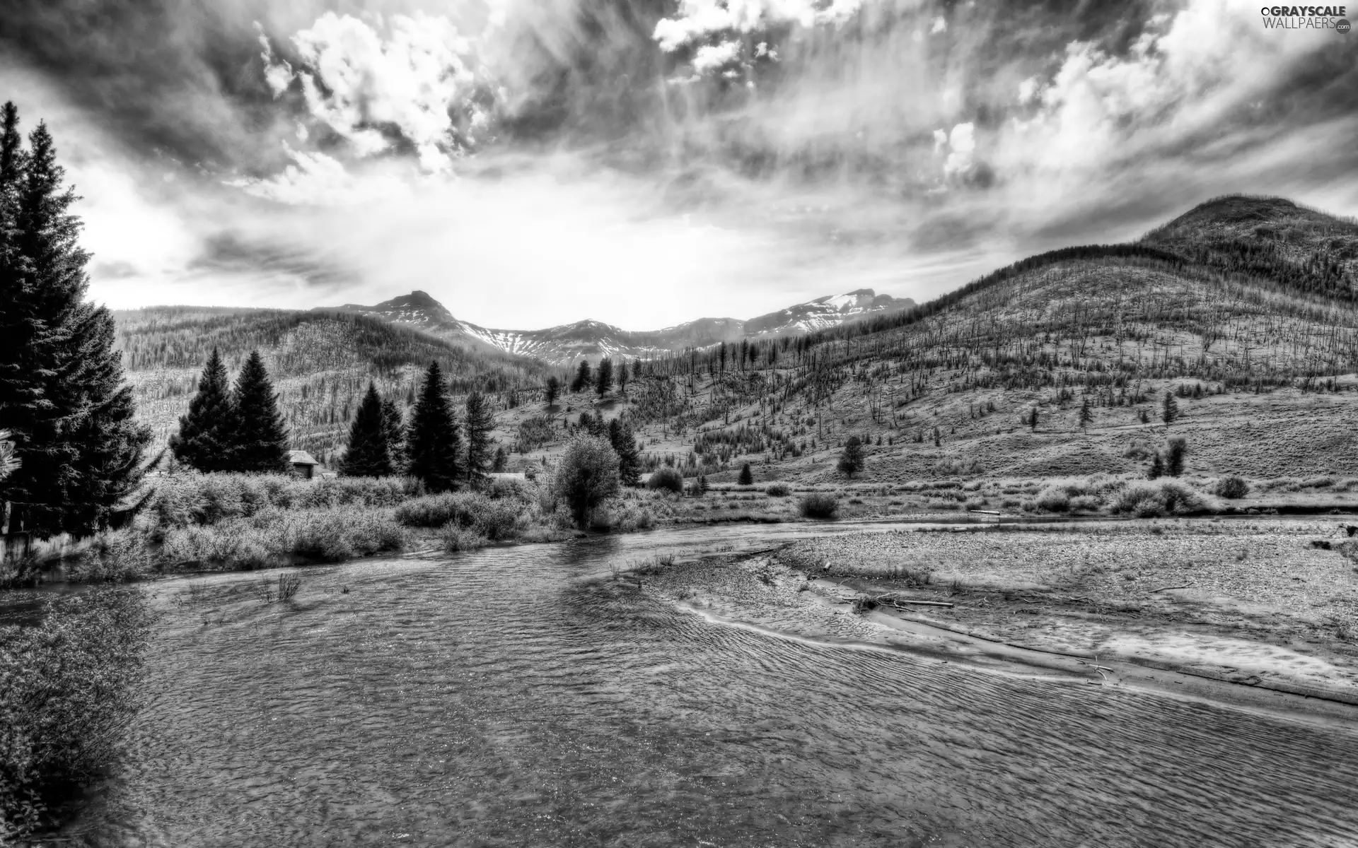 viewes, clouds, Mountains, trees, River