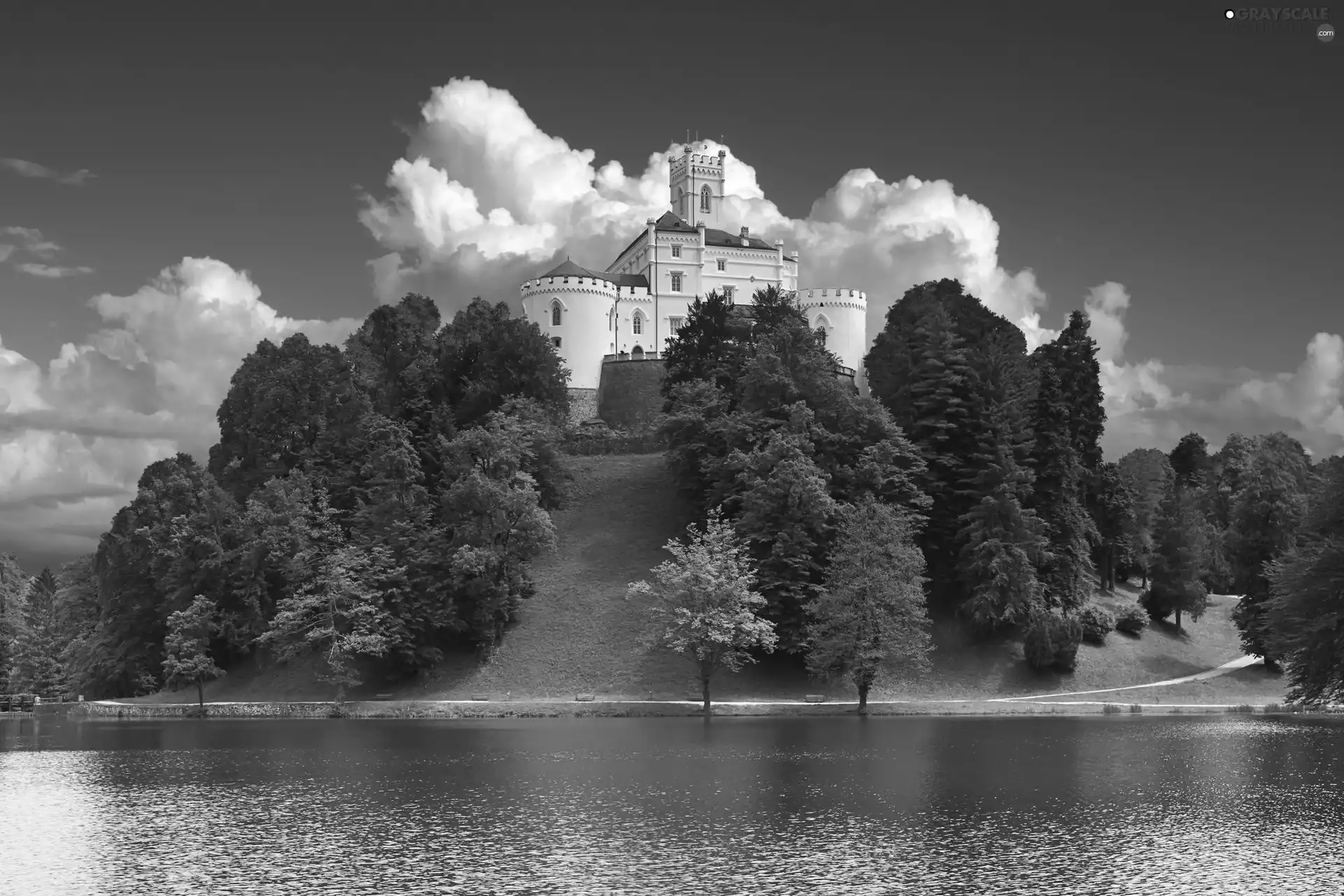 water, Castle, viewes, clouds, trees, Hill