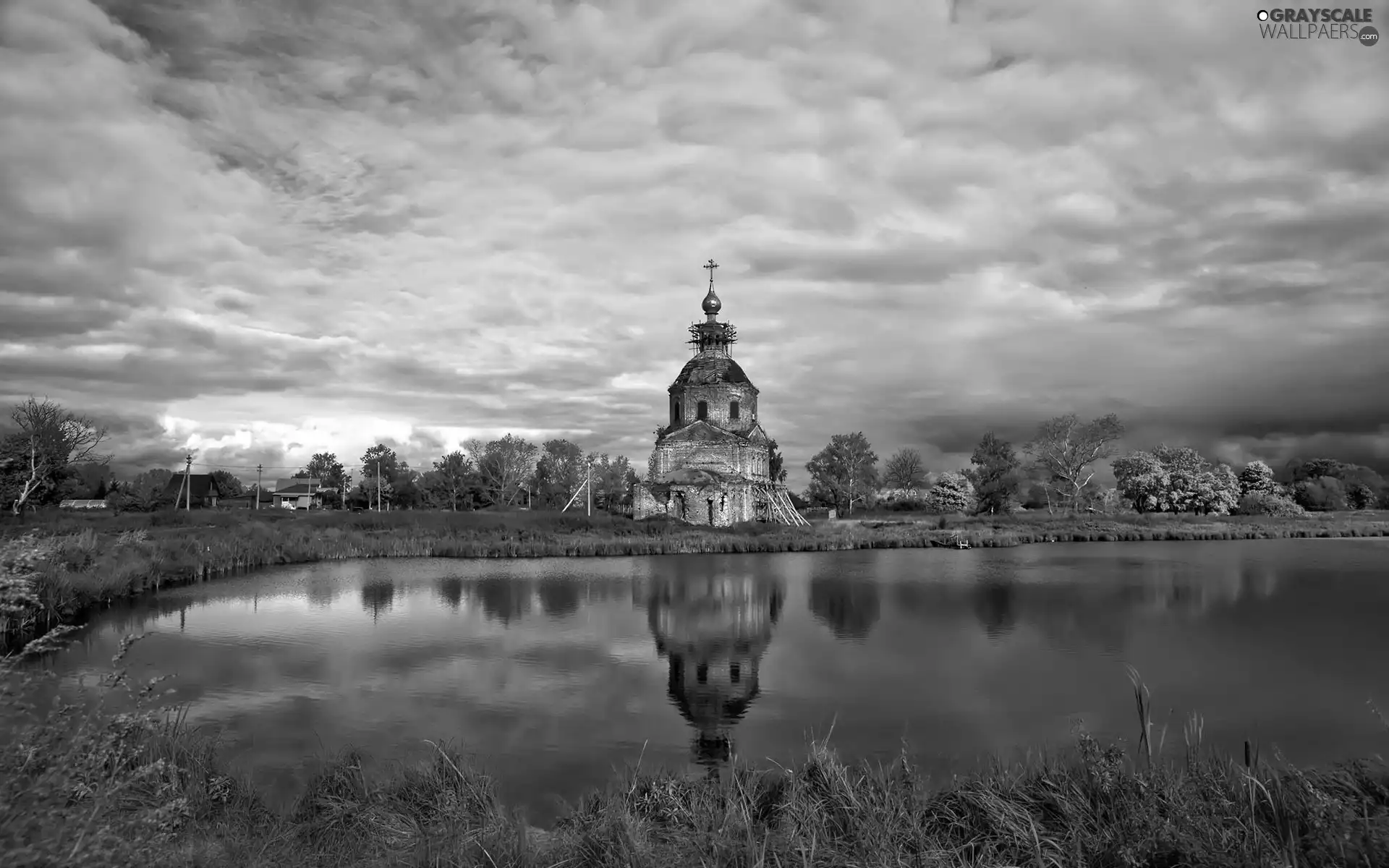 lake, Cerkiew, viewes, clouds, trees, ruins