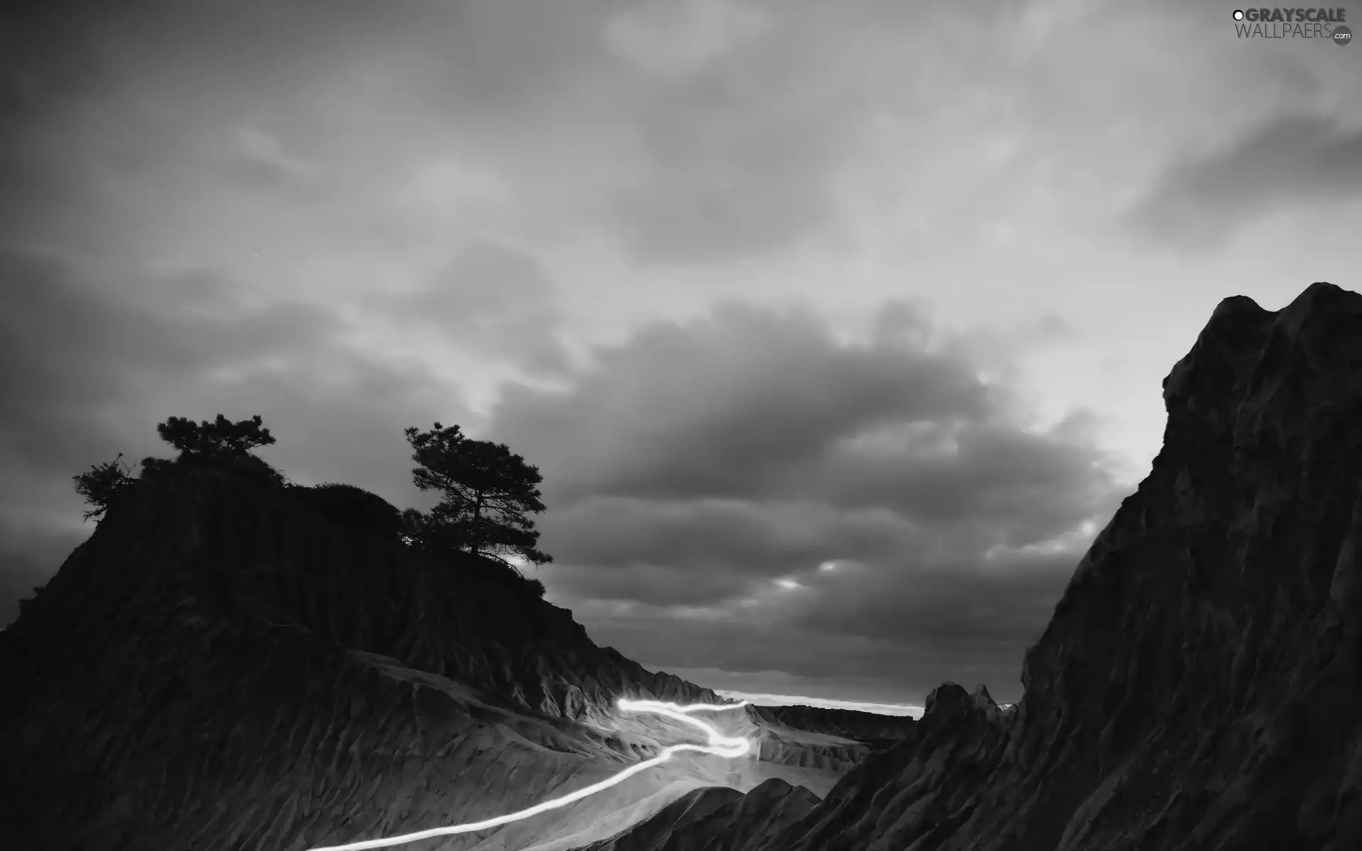 clouds, trees, viewes, Mountains