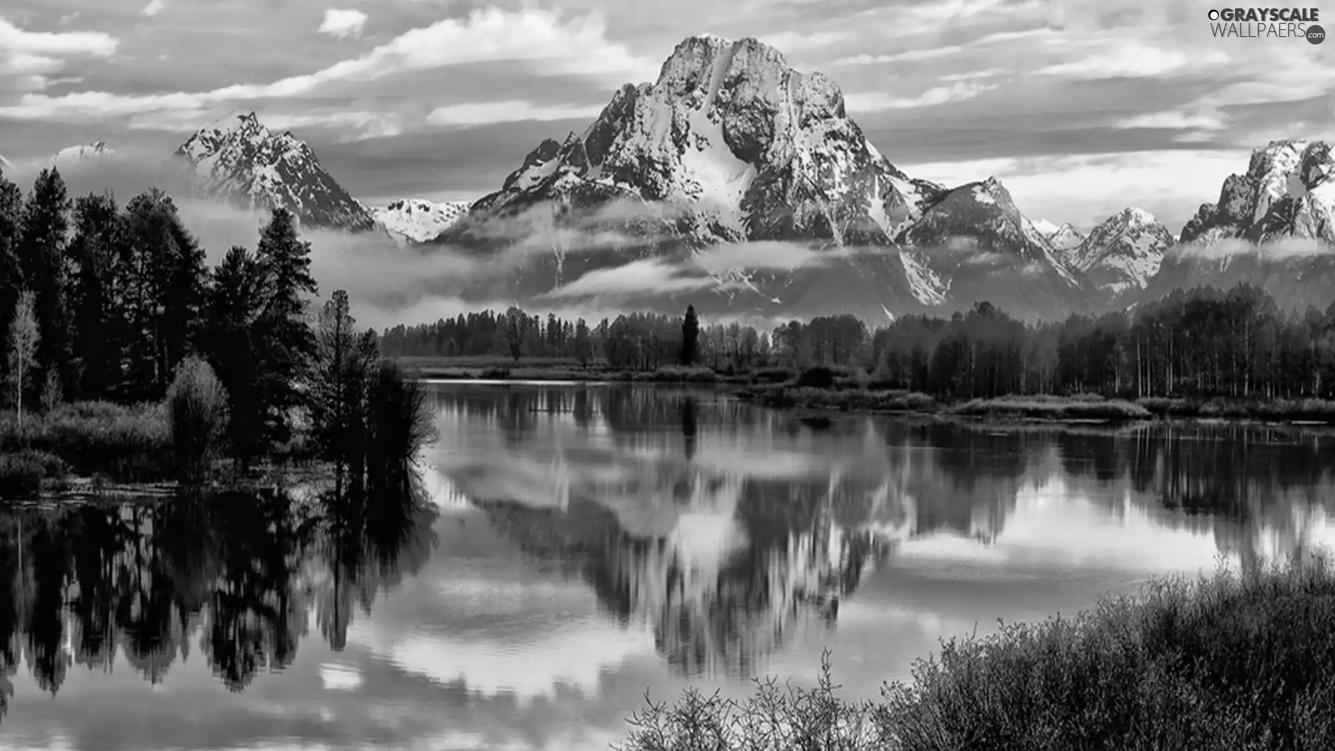 reflection, Mountains, viewes, clouds, trees, lake