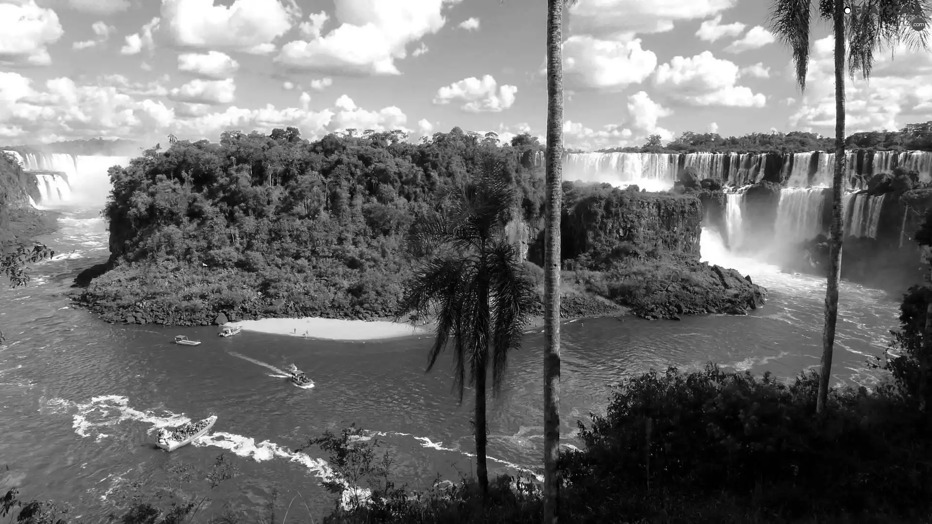 boats, waterfalls, viewes, clouds, trees, Iguazu