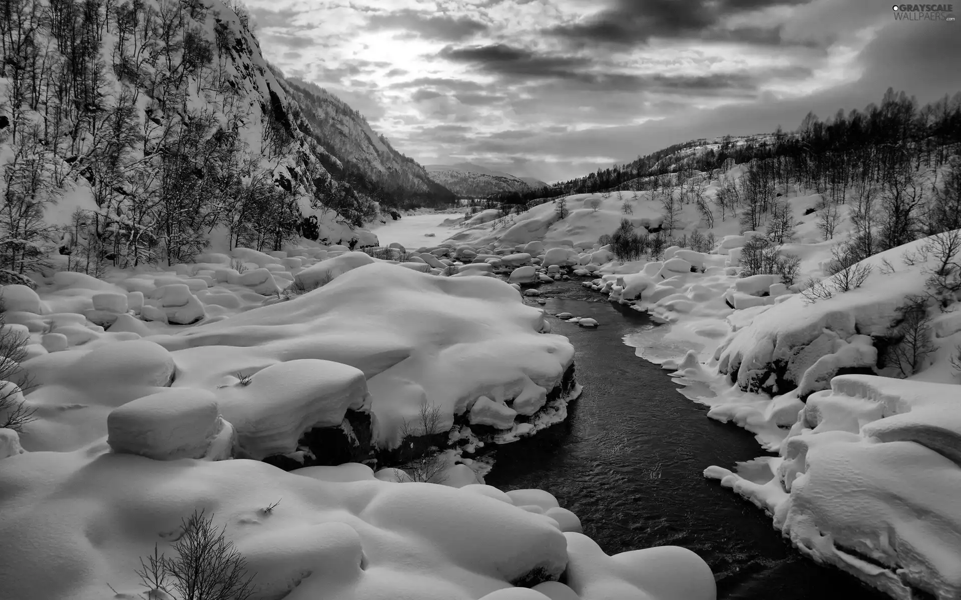 viewes, clouds, brook, trees, winter