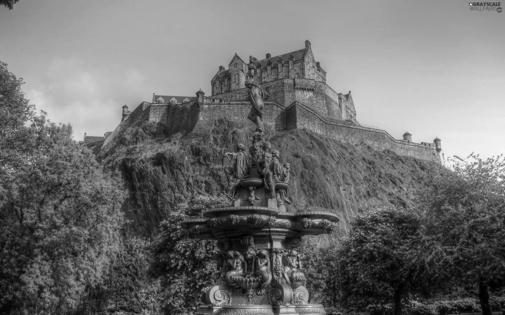 fountain, Castle, viewes, Flowers, trees, scarp