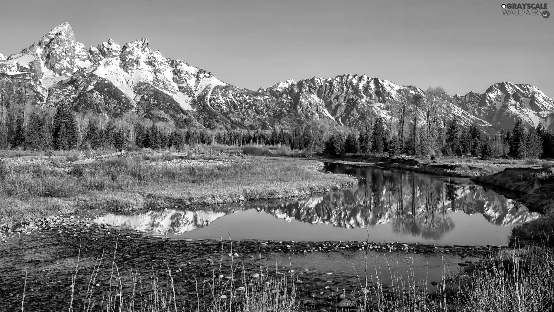 viewes, grass, Mountains, trees, River