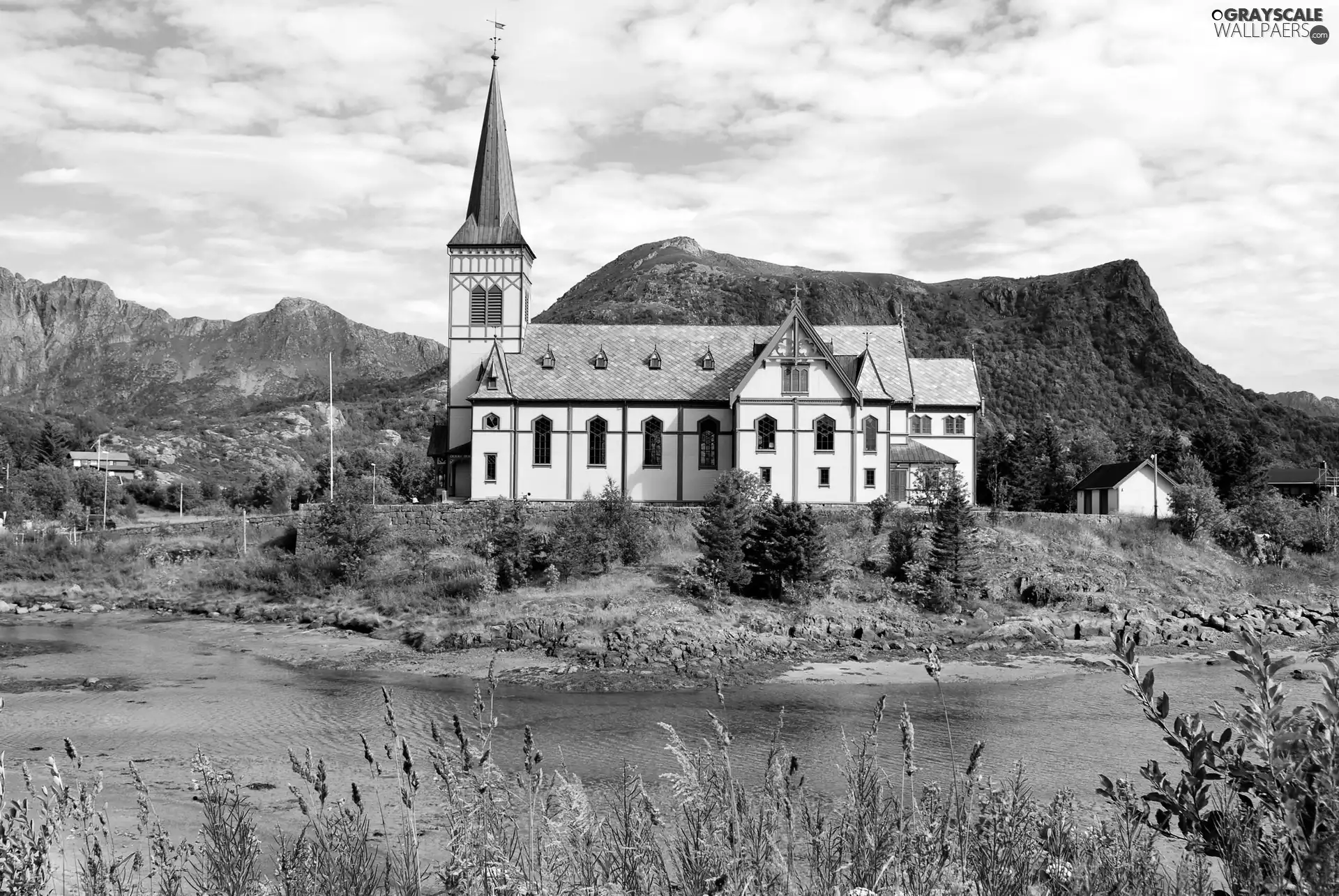 Mountains, church, viewes, grass, trees, brook