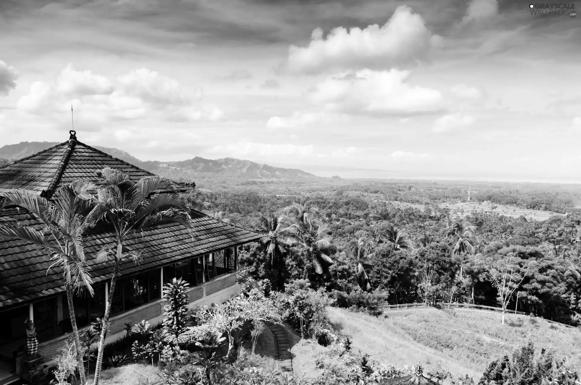 house, trees, viewes, Sky