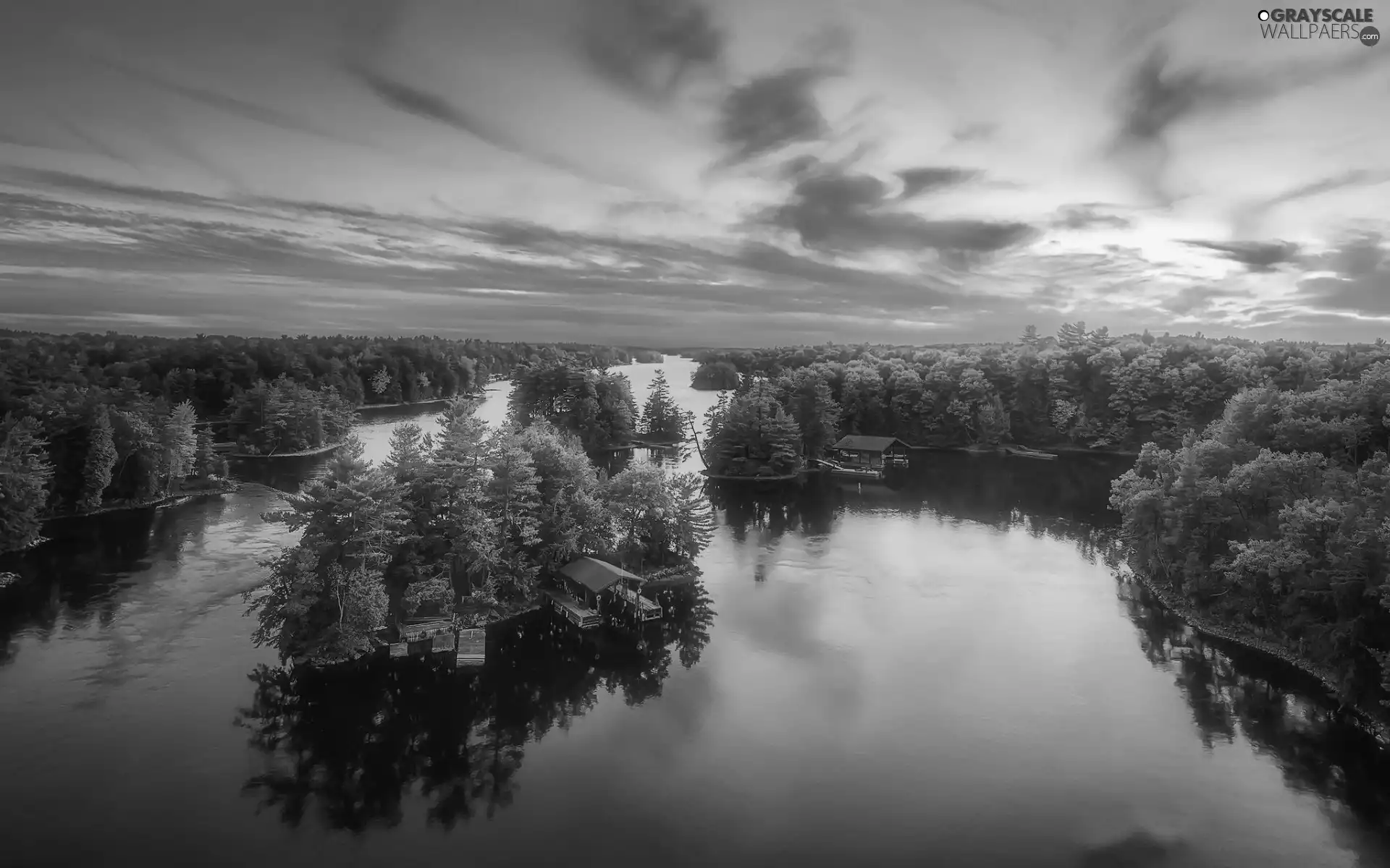 trees, viewes, Houses, forest, lake