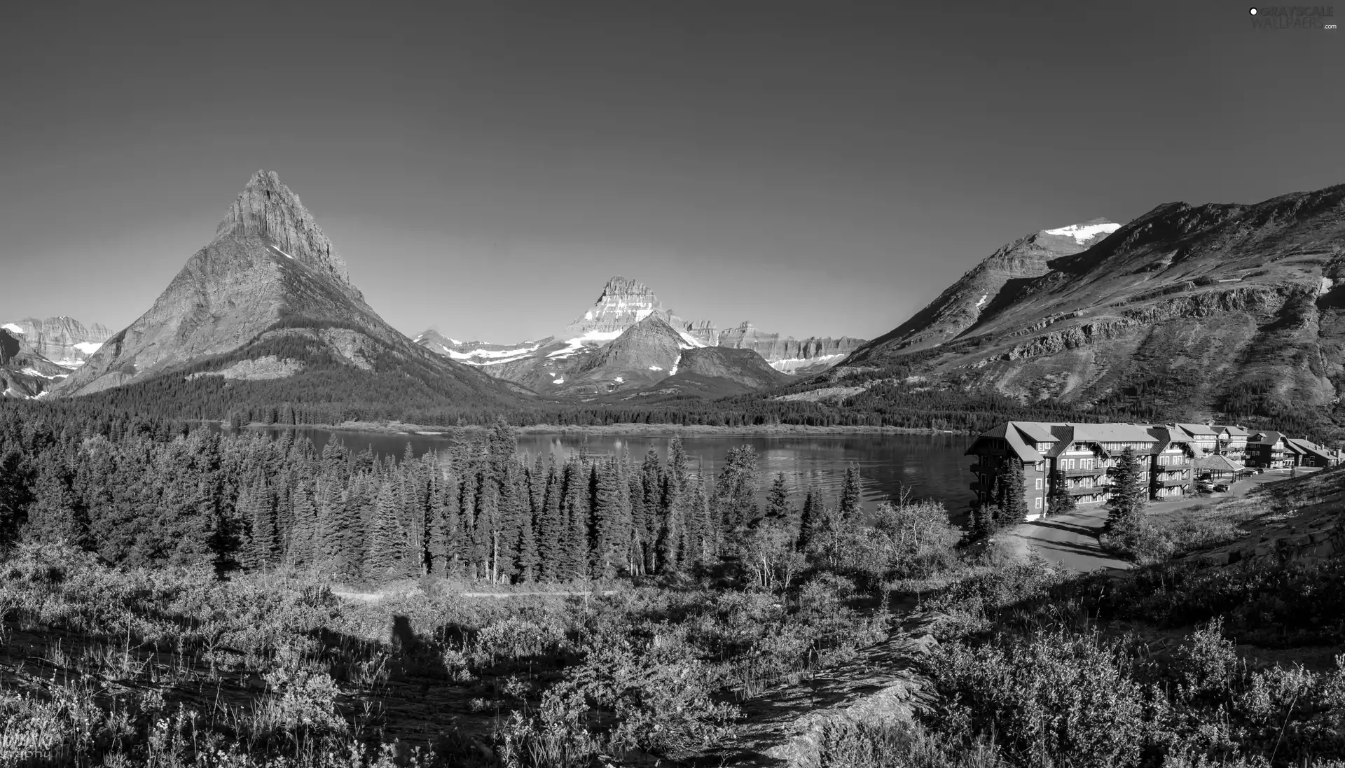 viewes, Houses, lake, trees, Mountains