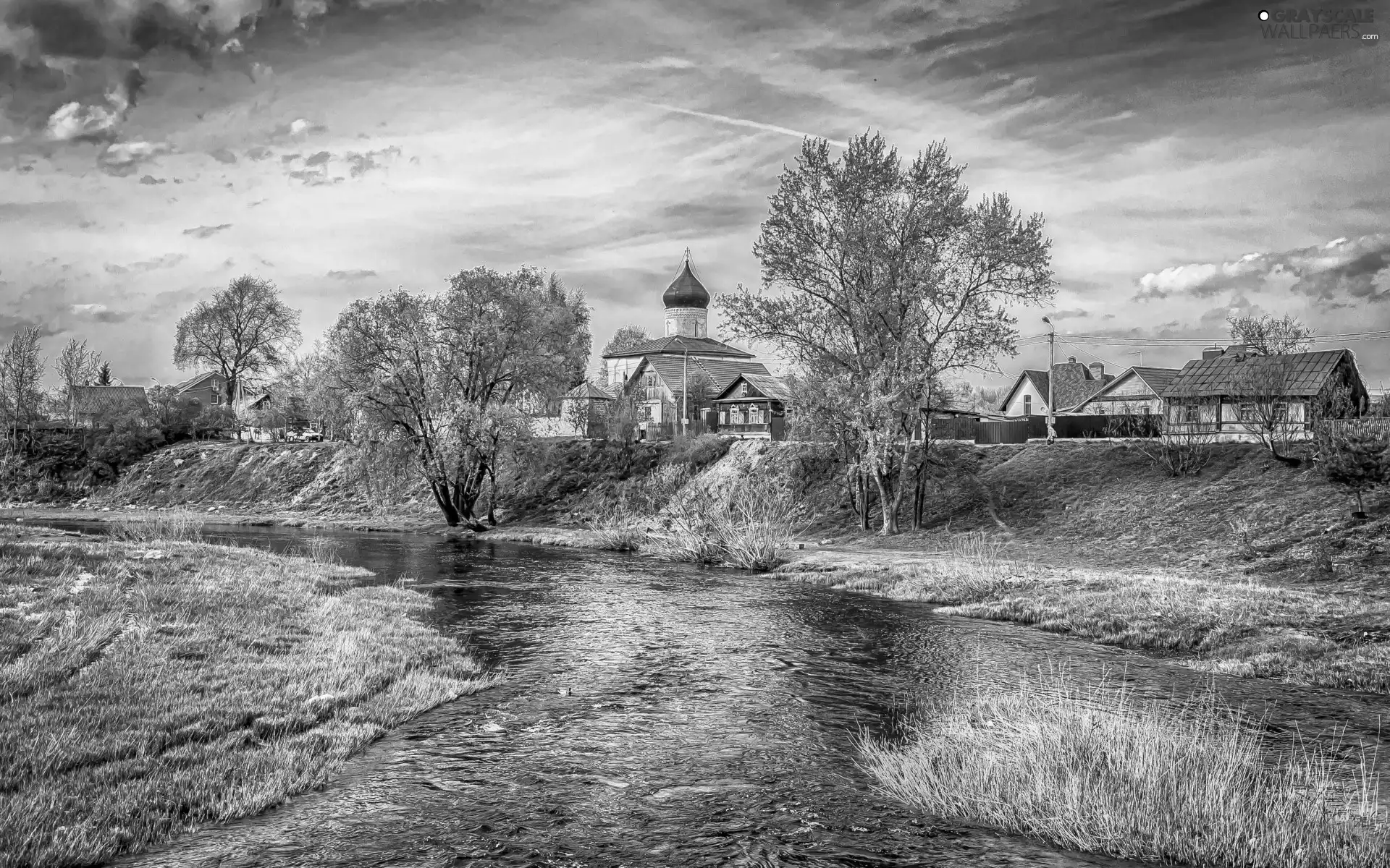 River, Pskov, viewes, Houses, trees, Cerkiew
