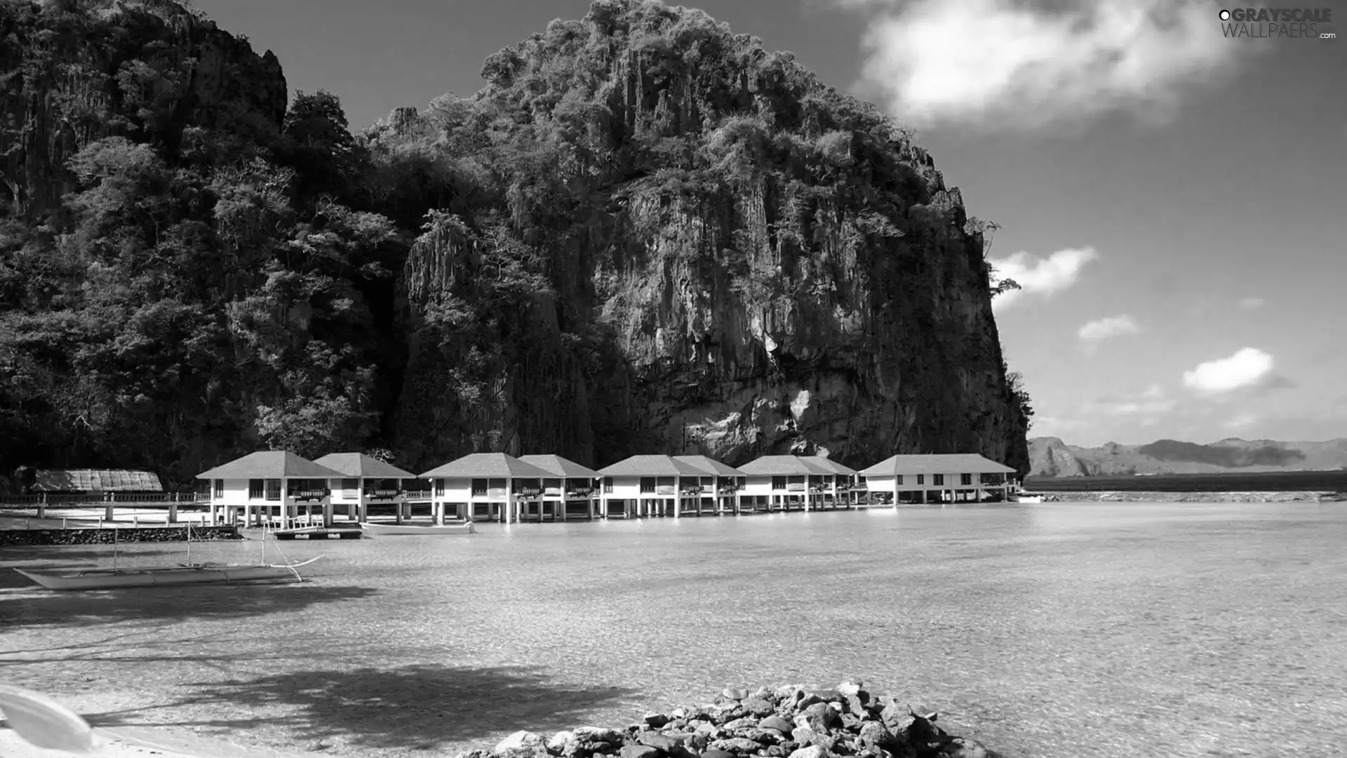 mountains, sea, viewes, Houses, trees, Rocky