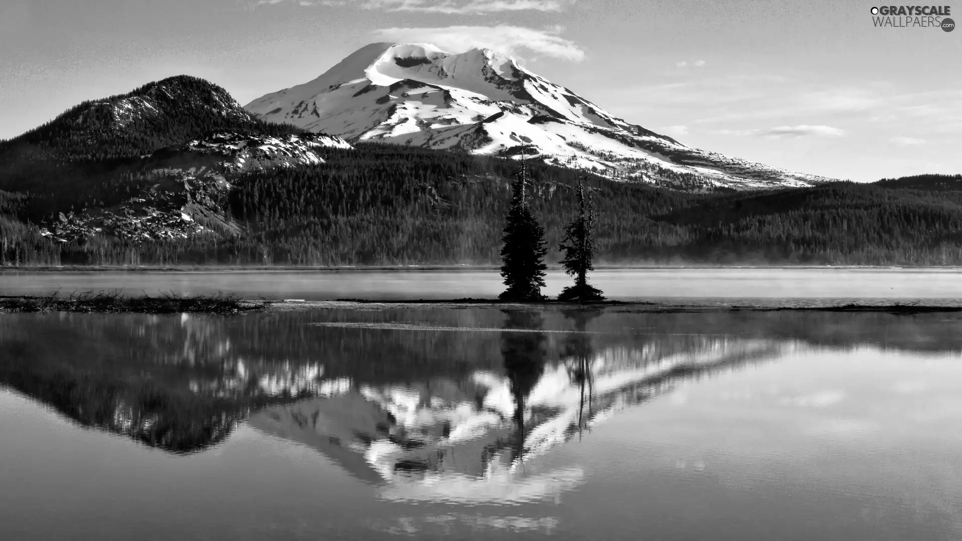 viewes, lake, Mountains, trees, Snowy