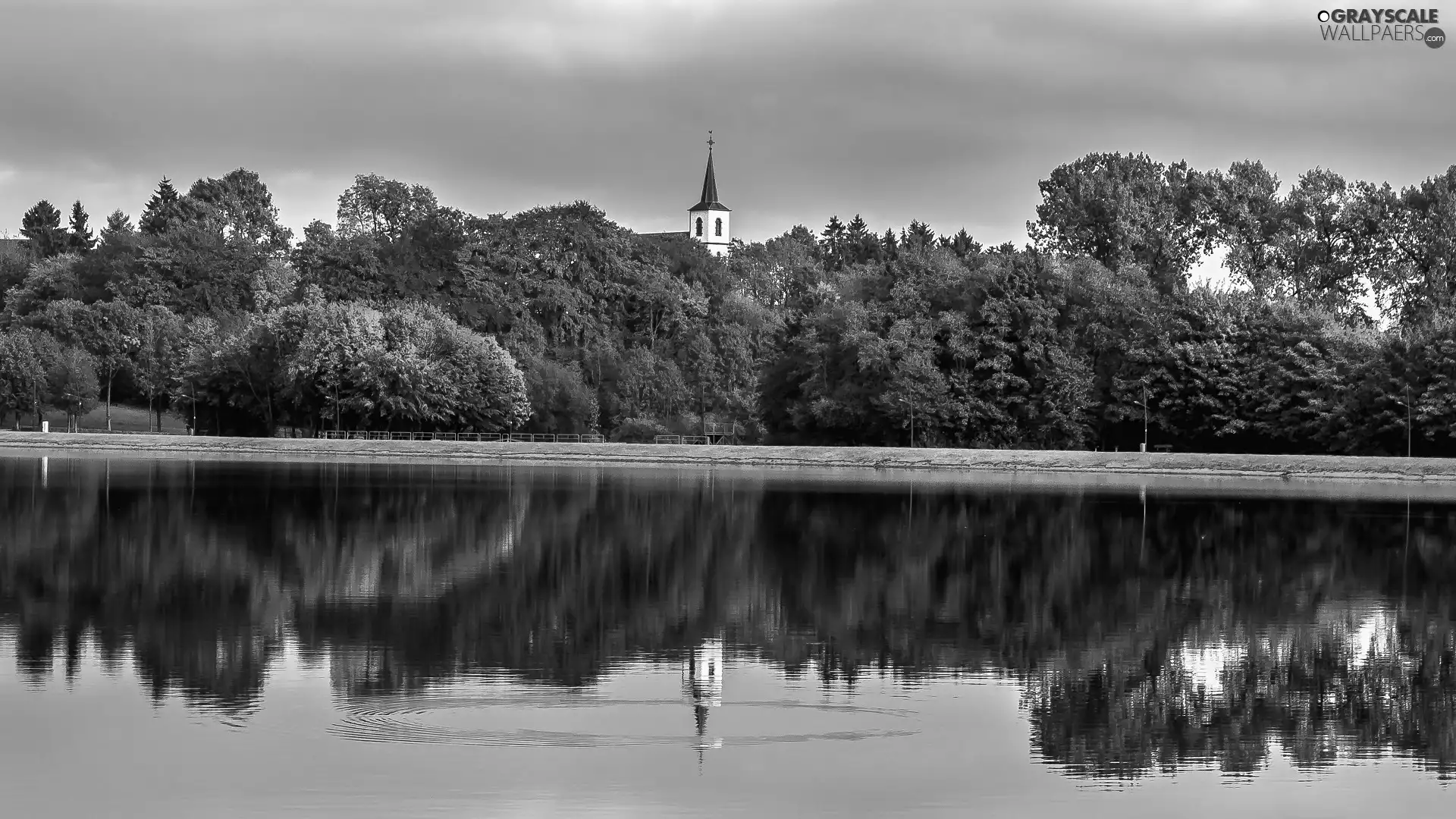 turret, trees, lake, viewes, autumn, Church, reflection