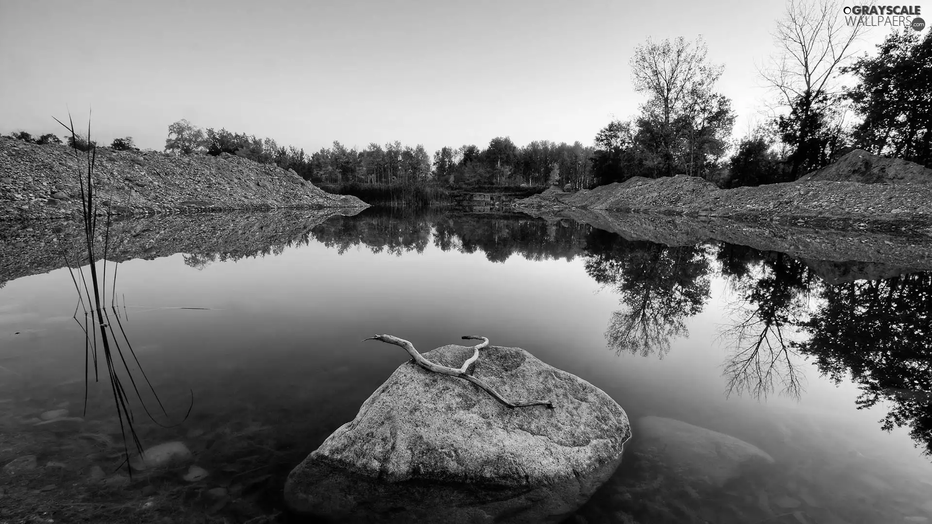 lake, trees, viewes, Stone