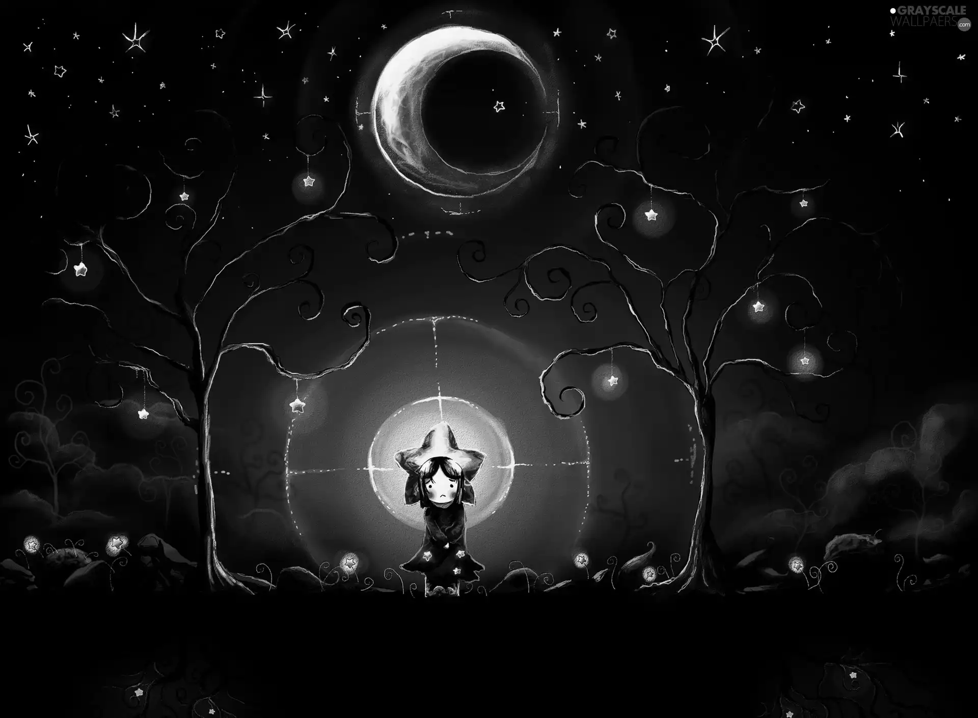 viewes, moon, star, trees, Chibionpu