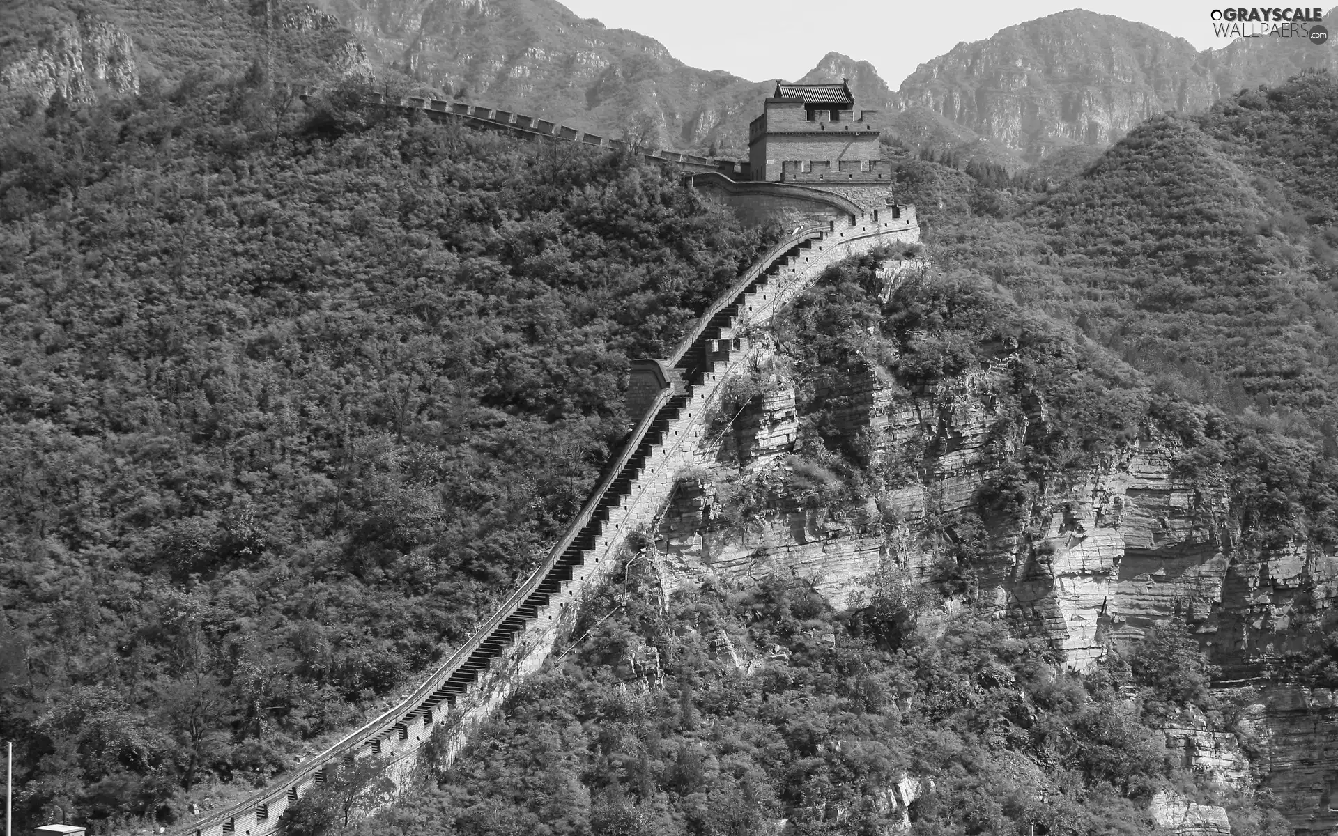 viewes, Mountains, Chinese, trees, wall