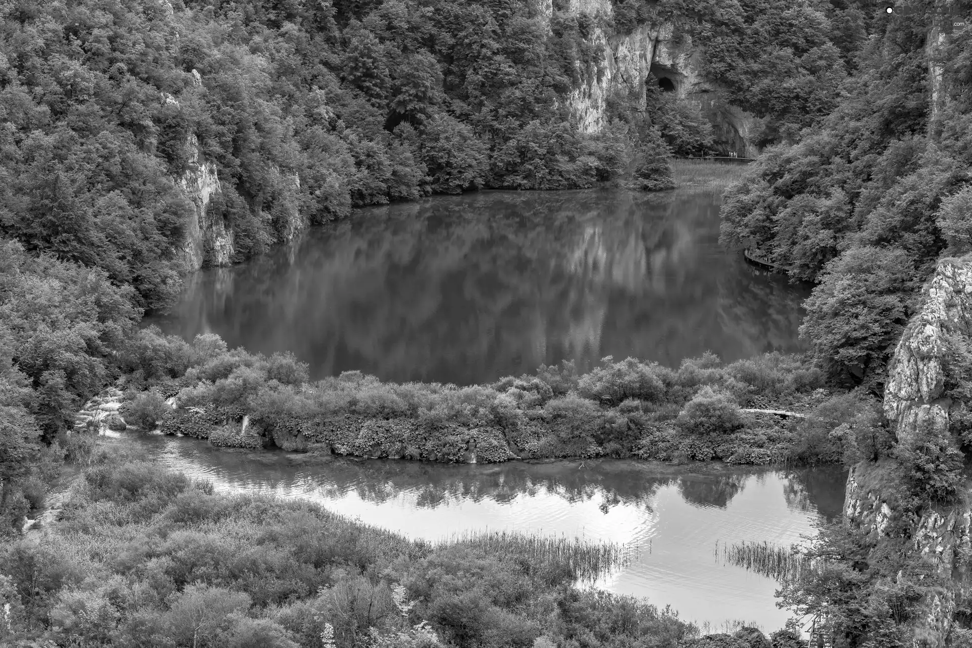 viewes, lakes, VEGETATION, trees, Coartia, rocks, Plitvice Lakes National Park