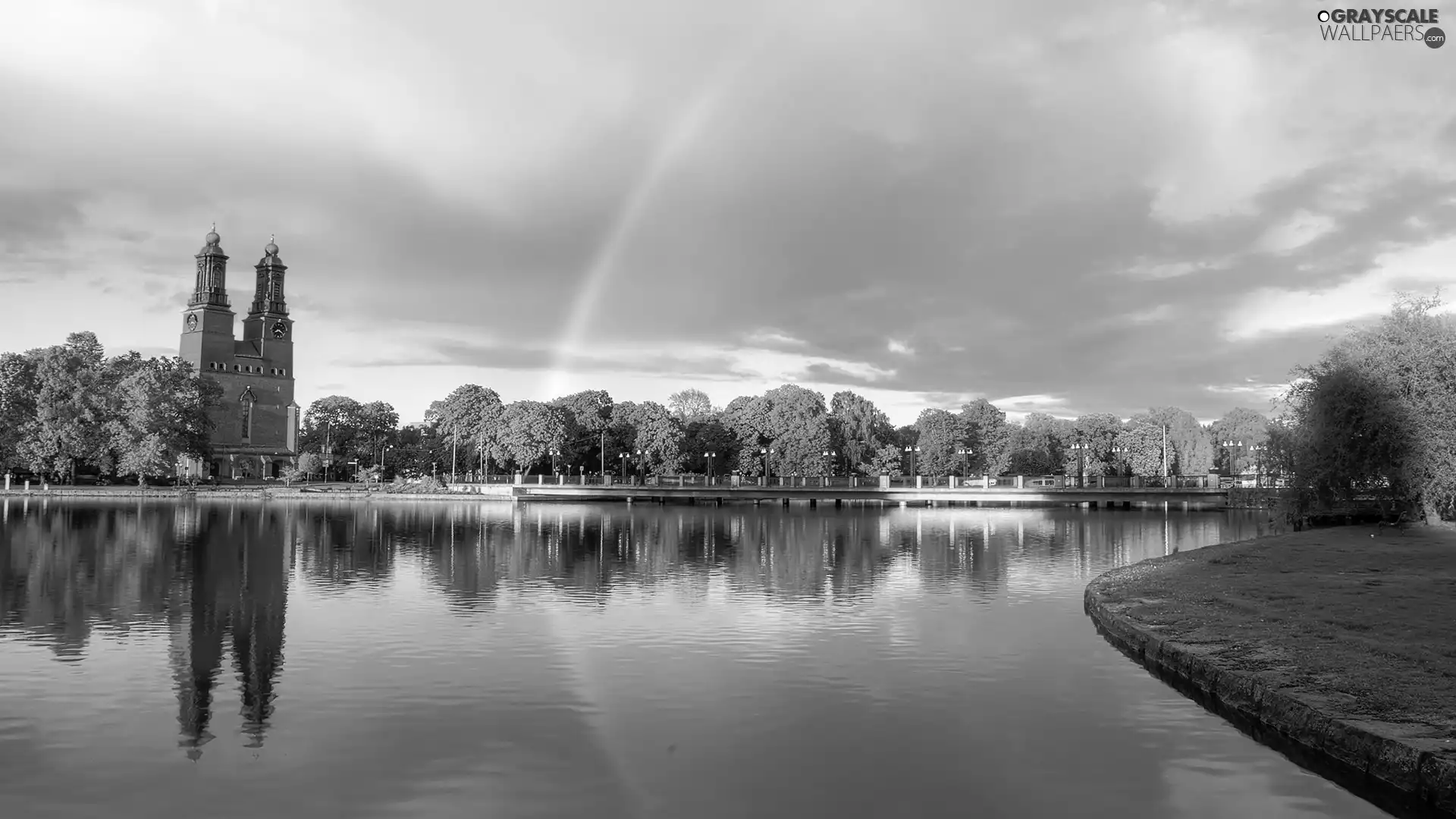 viewes, Great Rainbows, lake, trees, Church