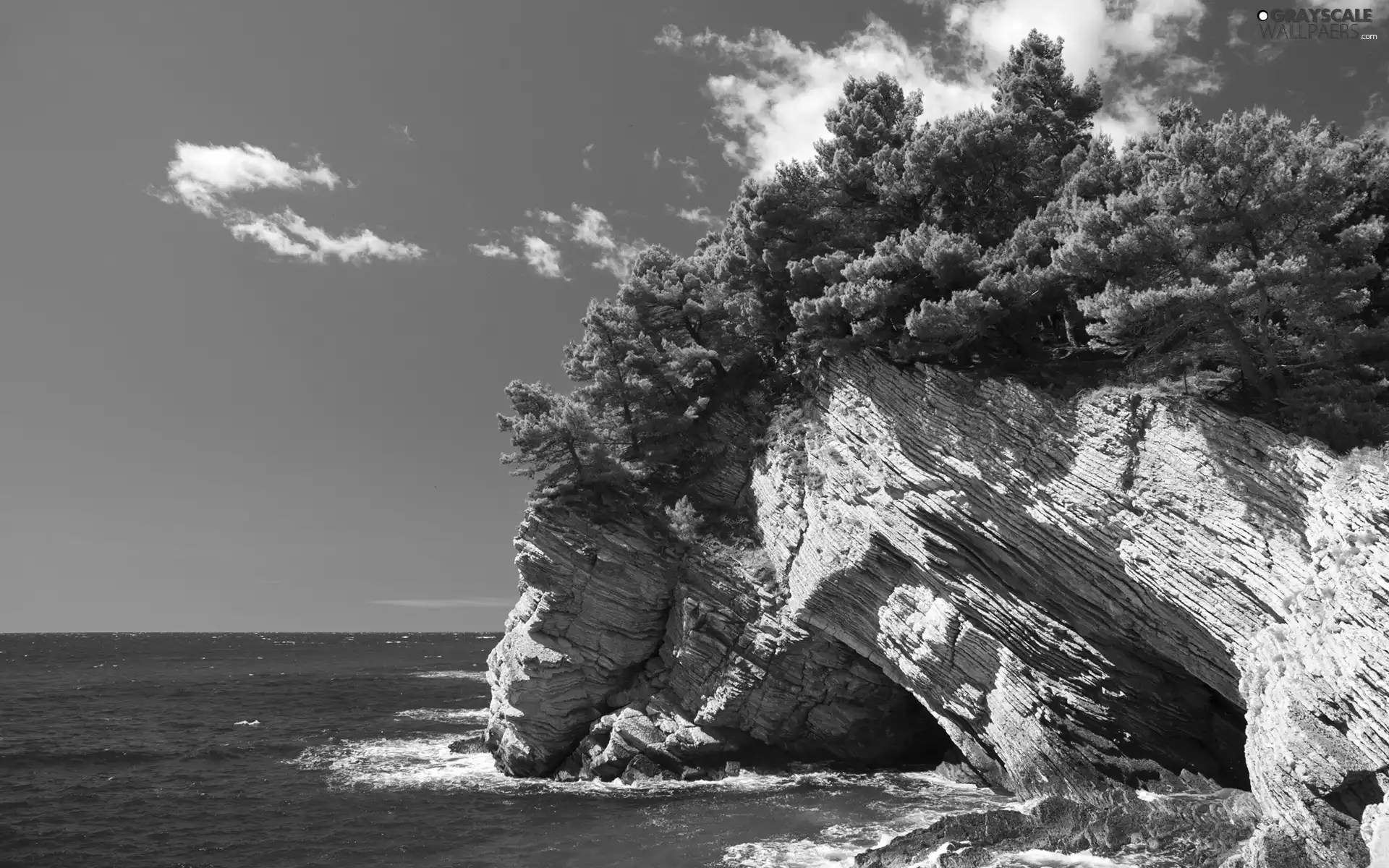 viewes, Rocks, clouds, trees, sea