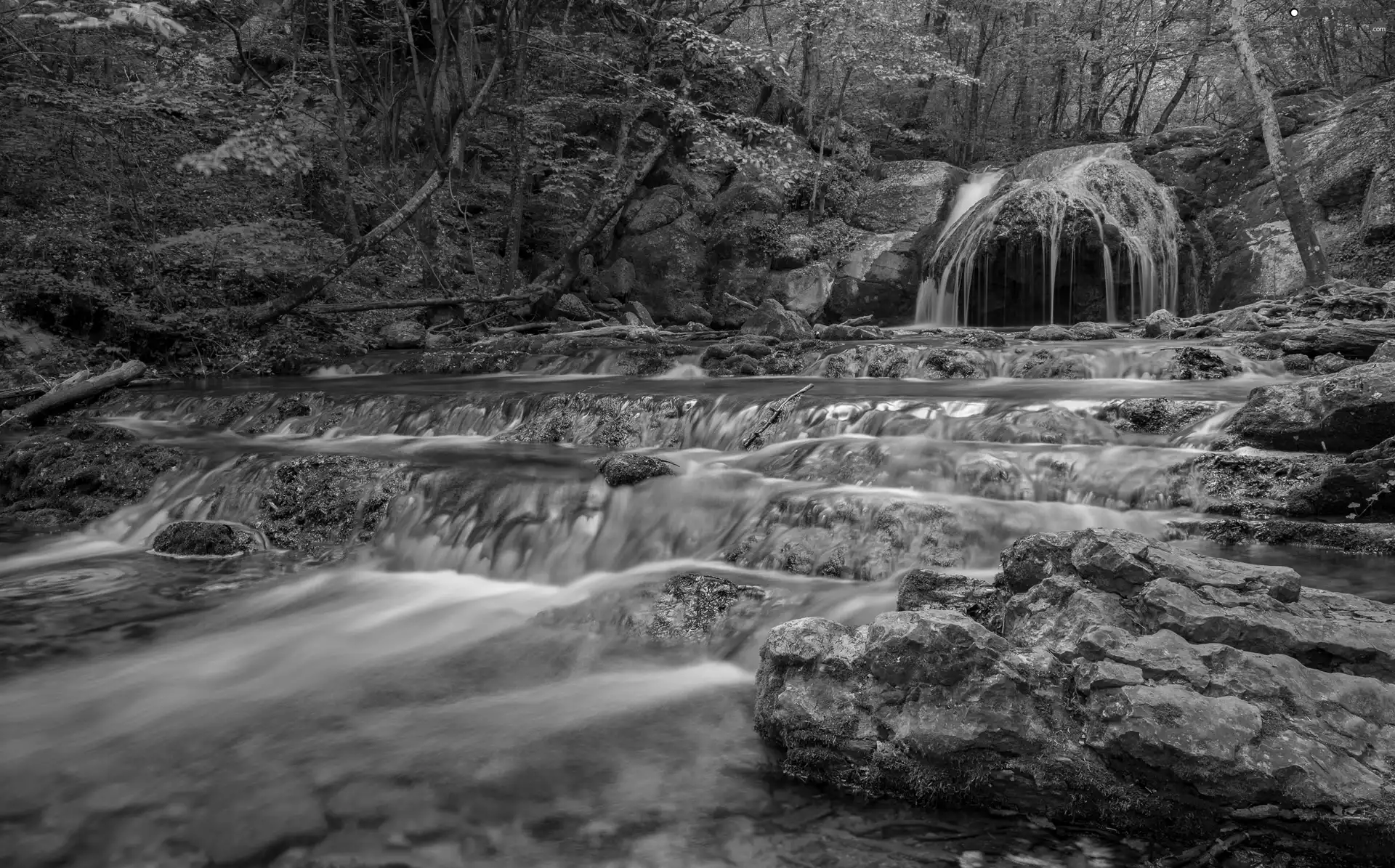 cascade, trees, rocks, viewes, forest, waterfall, Stones