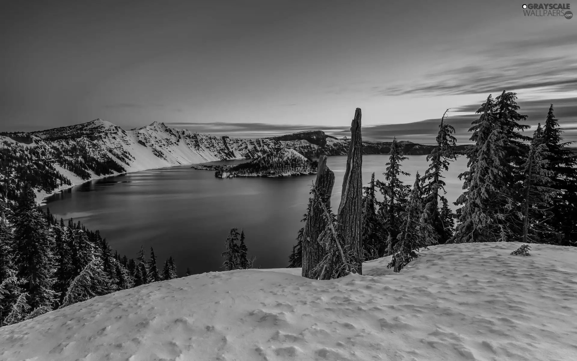 viewes, snow, Mountains, trees, lake