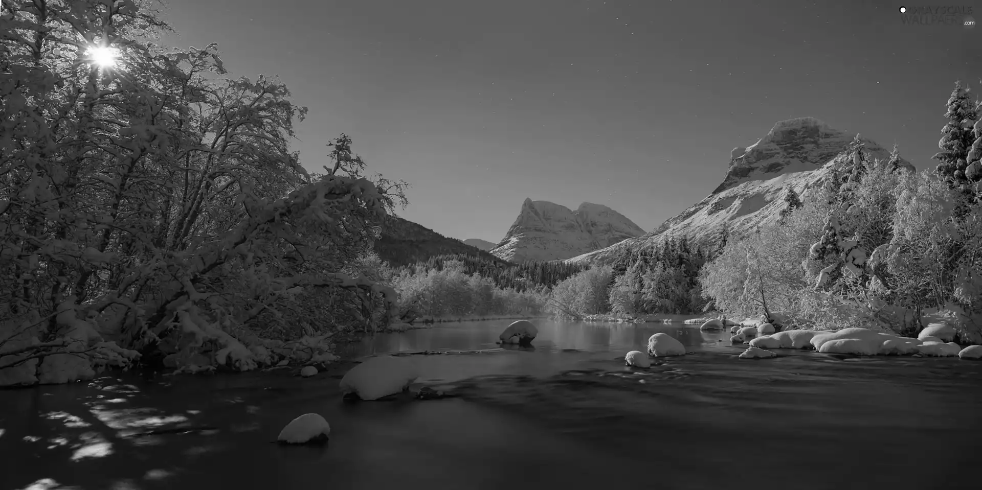 Stones, Mountains, viewes, snow, trees, River