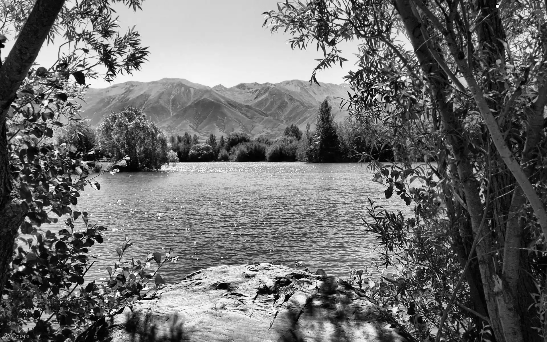 viewes, stone, lake, trees, Mountains