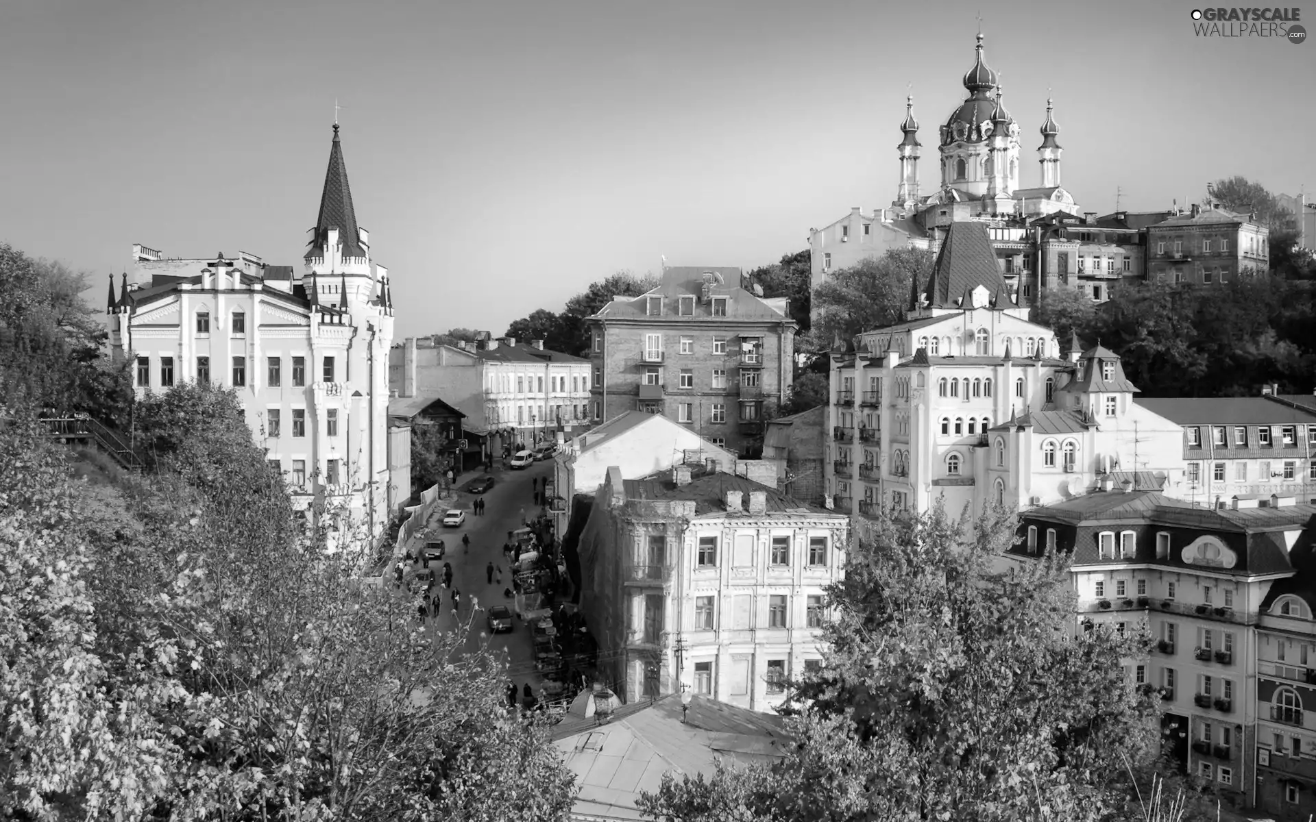 buildings, Town, viewes, Street, trees, View