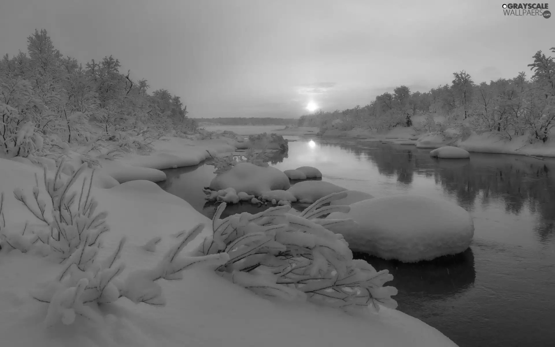 Stones, snow, Sunrise, trees, Bushes, River, winter, viewes