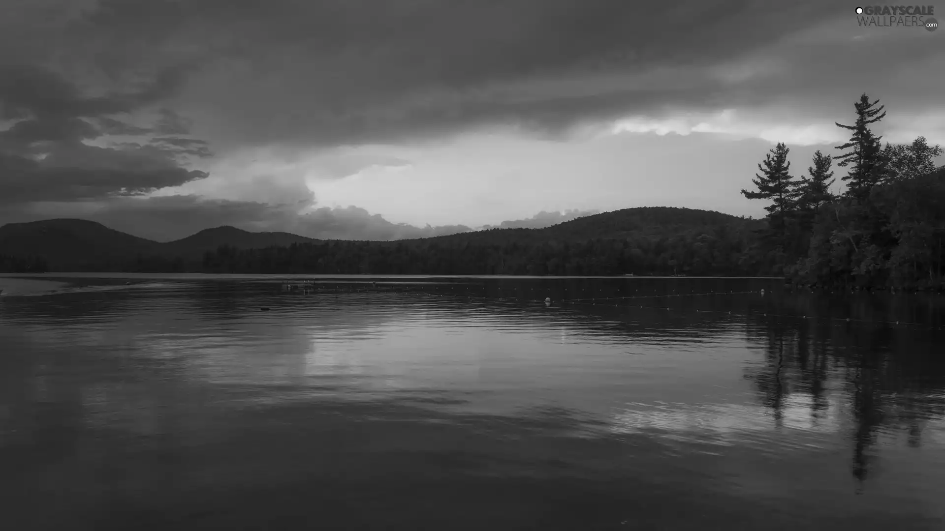 Mountains, Great Sunsets, viewes, reflection, trees, lake