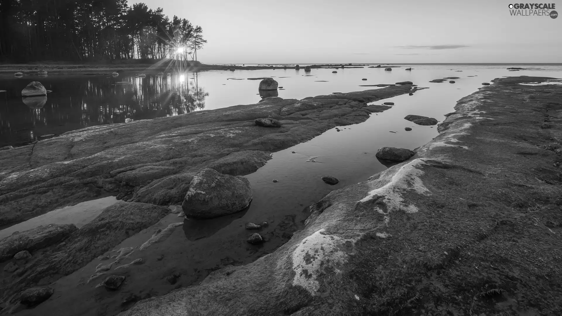 rocks, Great Sunsets, trees, Stones, sea, Islets, viewes