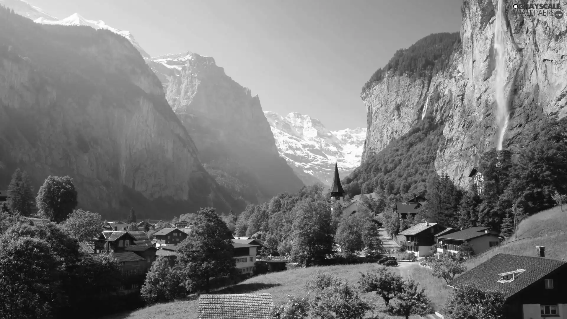 trees, waterfall, Lauterbrunnen, Houses, Mountains, viewes, Switzerland