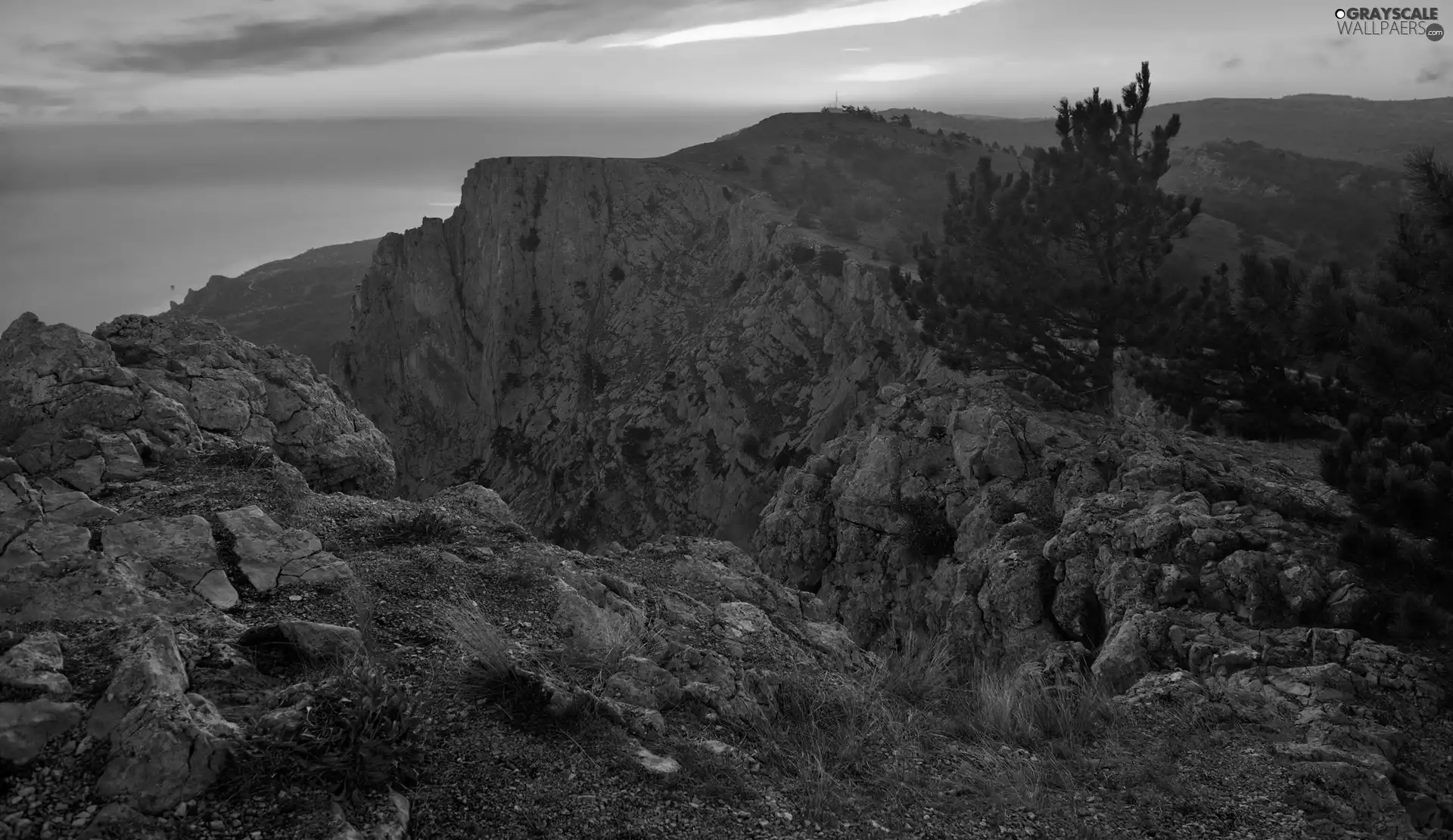 rocks, Rocky, trees, viewes, Great Sunsets, Mountains