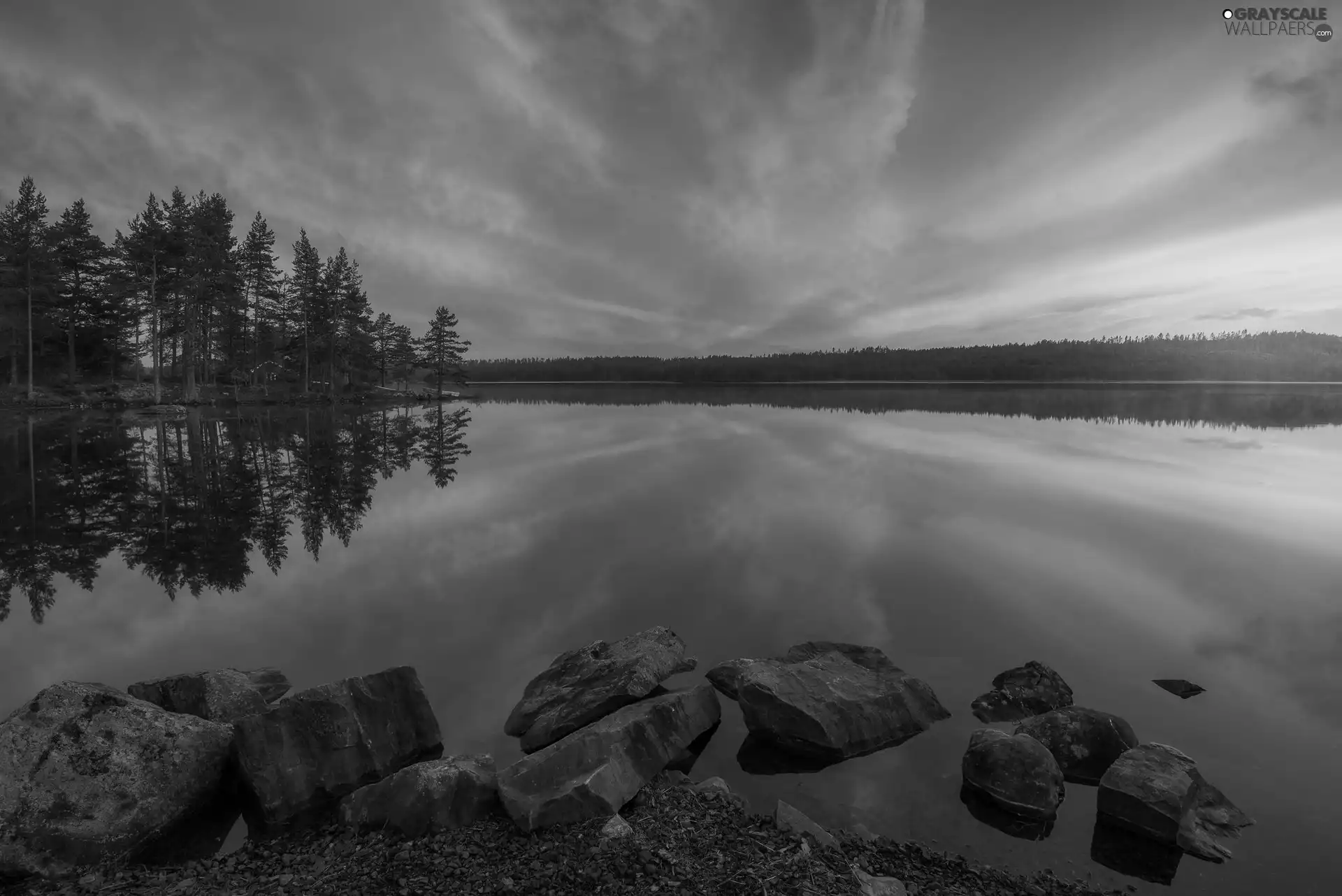 lake, Great Sunsets, viewes, Stones, trees