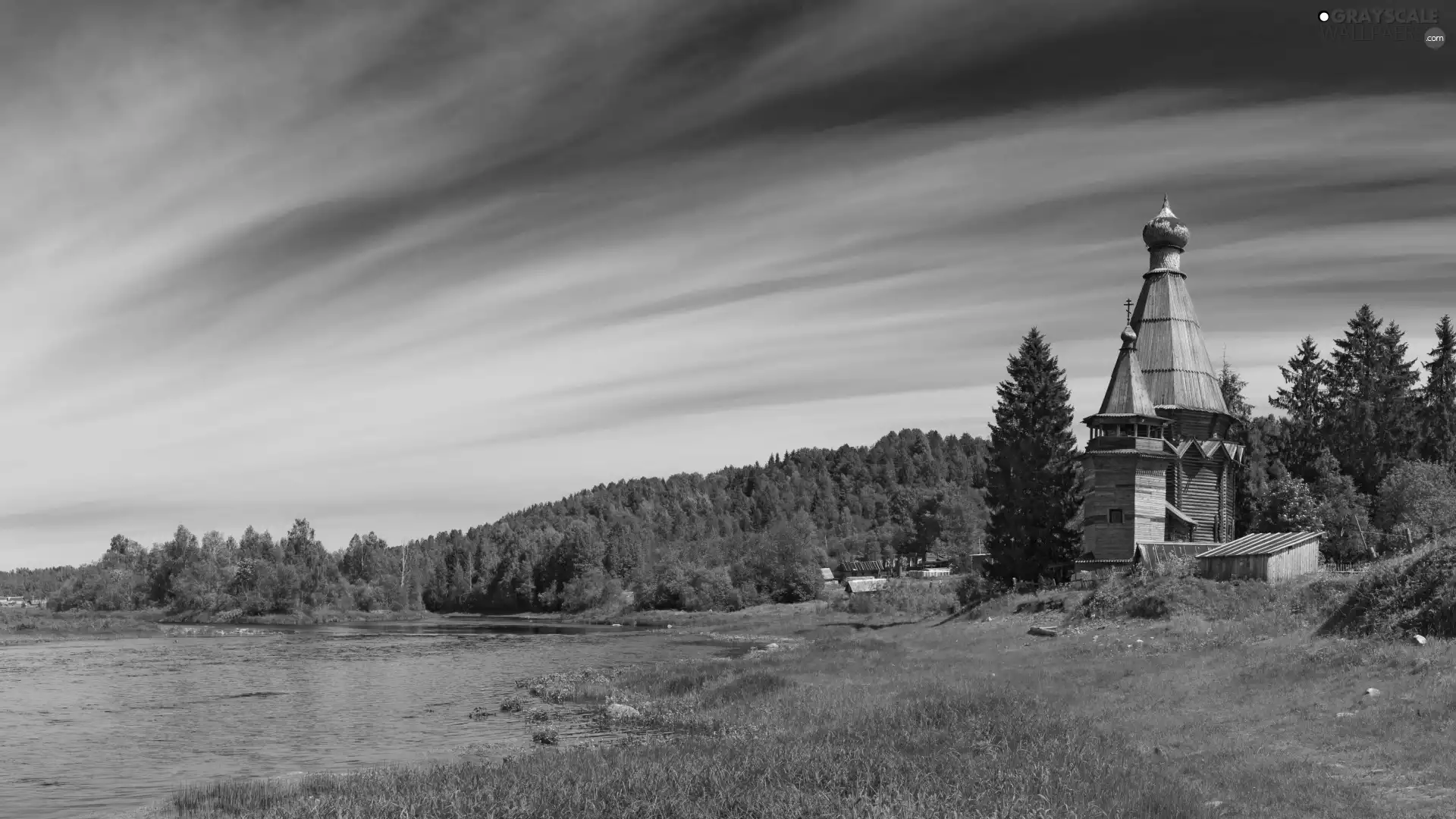 viewes, water, orthodox, trees, church