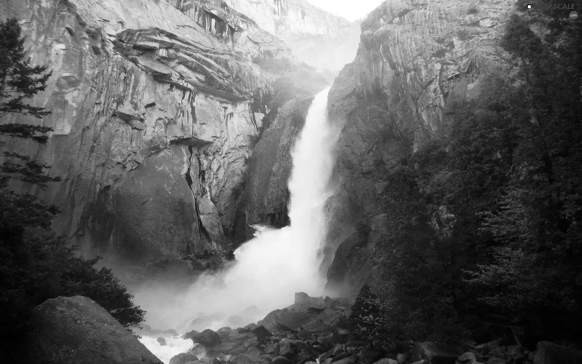 waterfall, trees, viewes, rocks