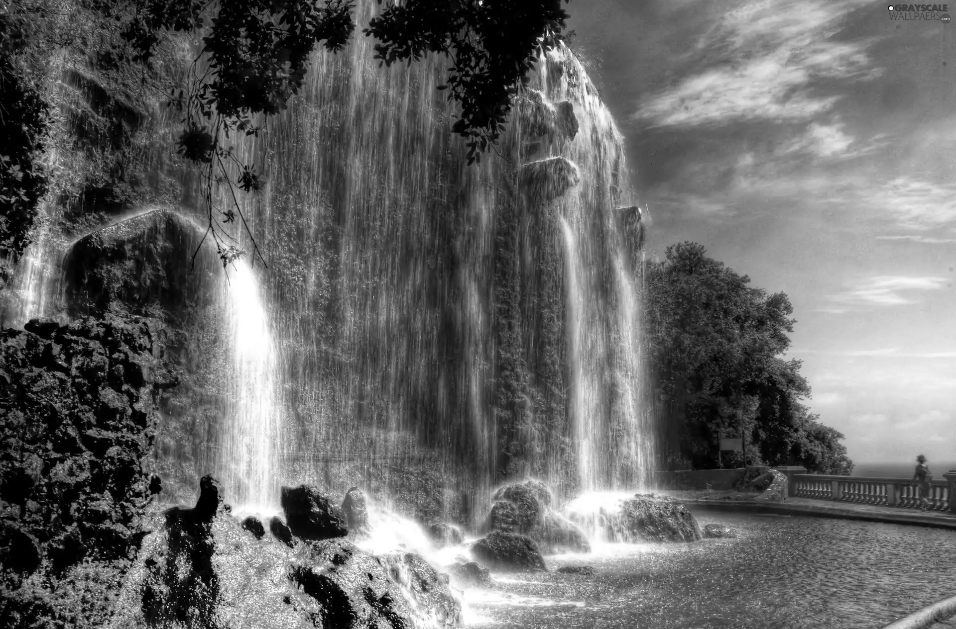 waterfall, trees, viewes, rocks