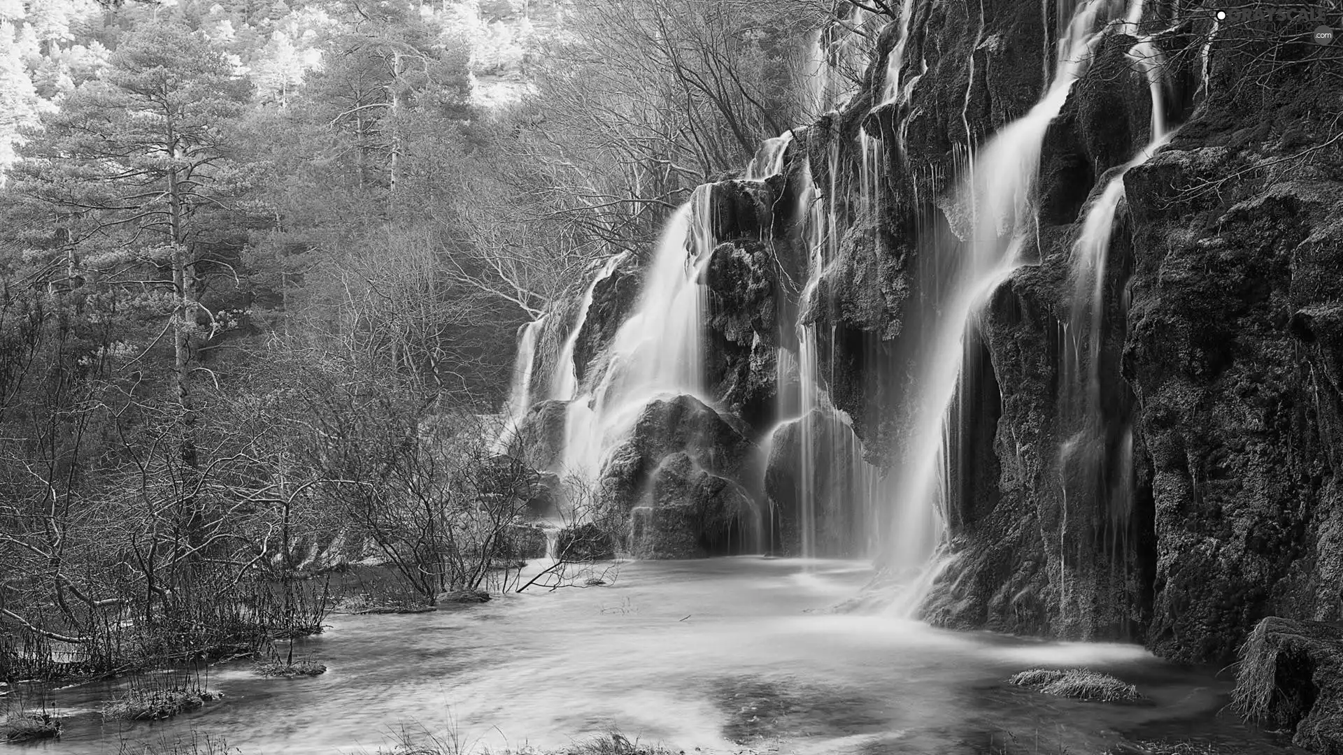 waterfall, trees, viewes, rocks