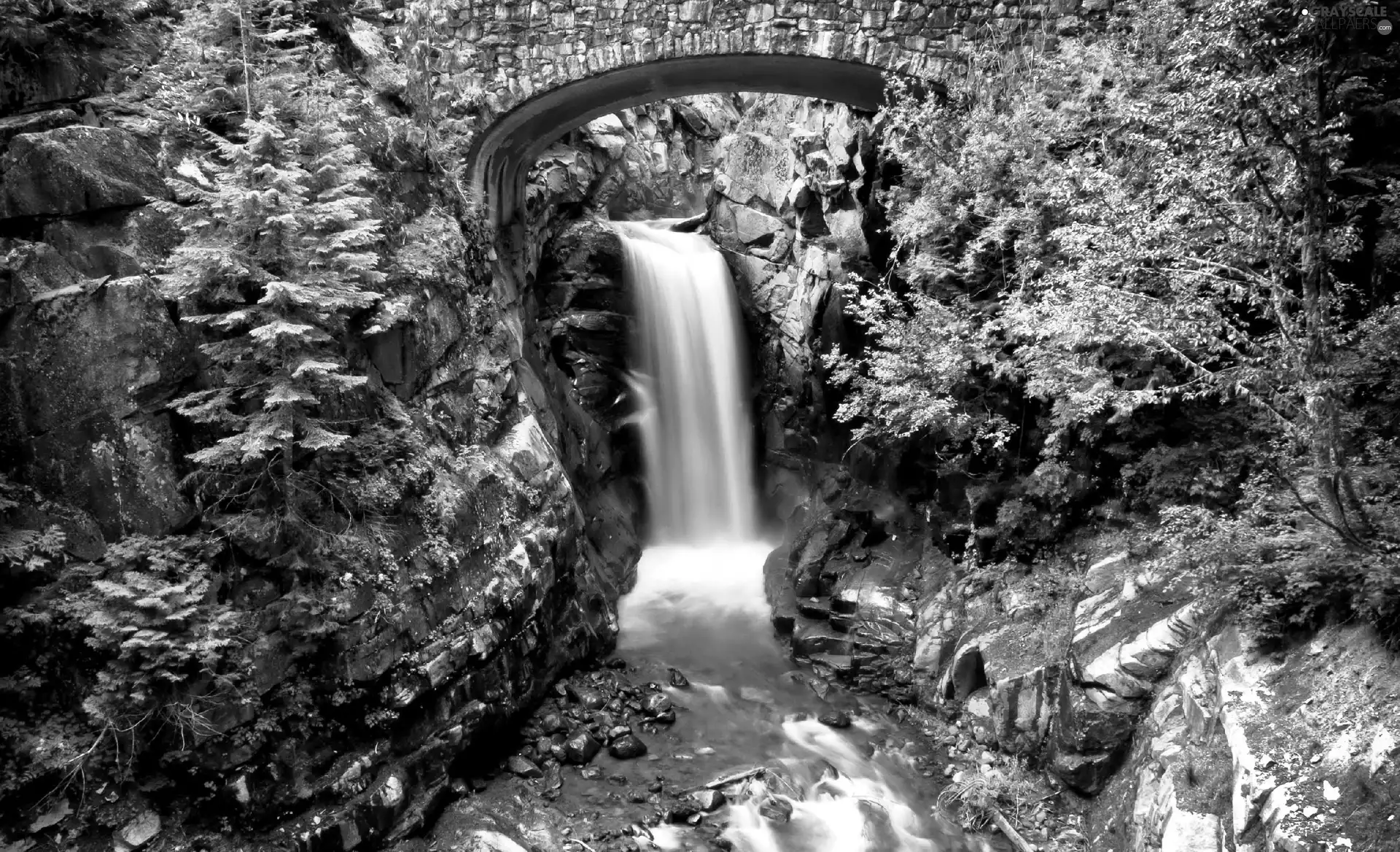 waterfall, trees, viewes, rocks