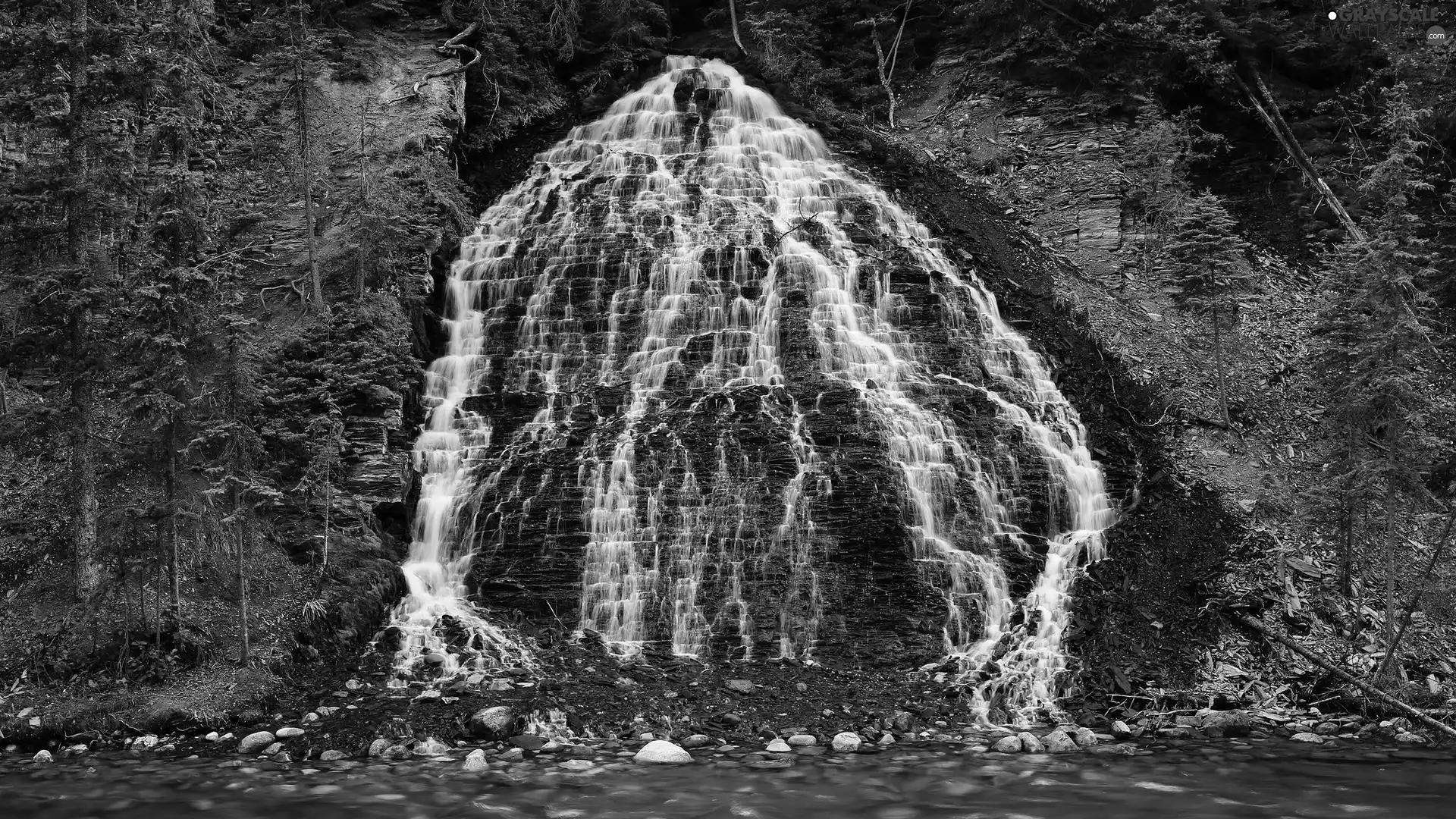 Stones, rocks, trees, viewes, River, waterfall