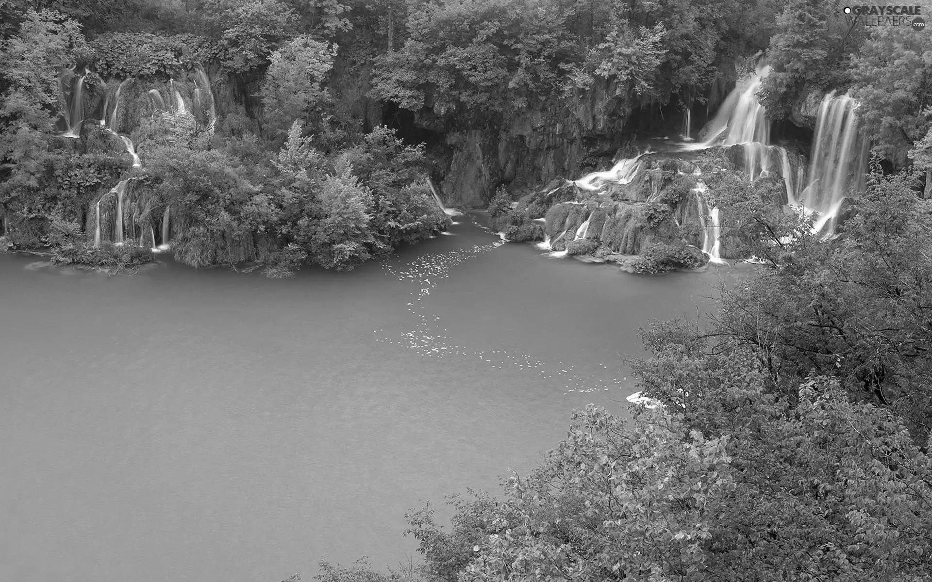 waterfalls, trees, viewes, lake